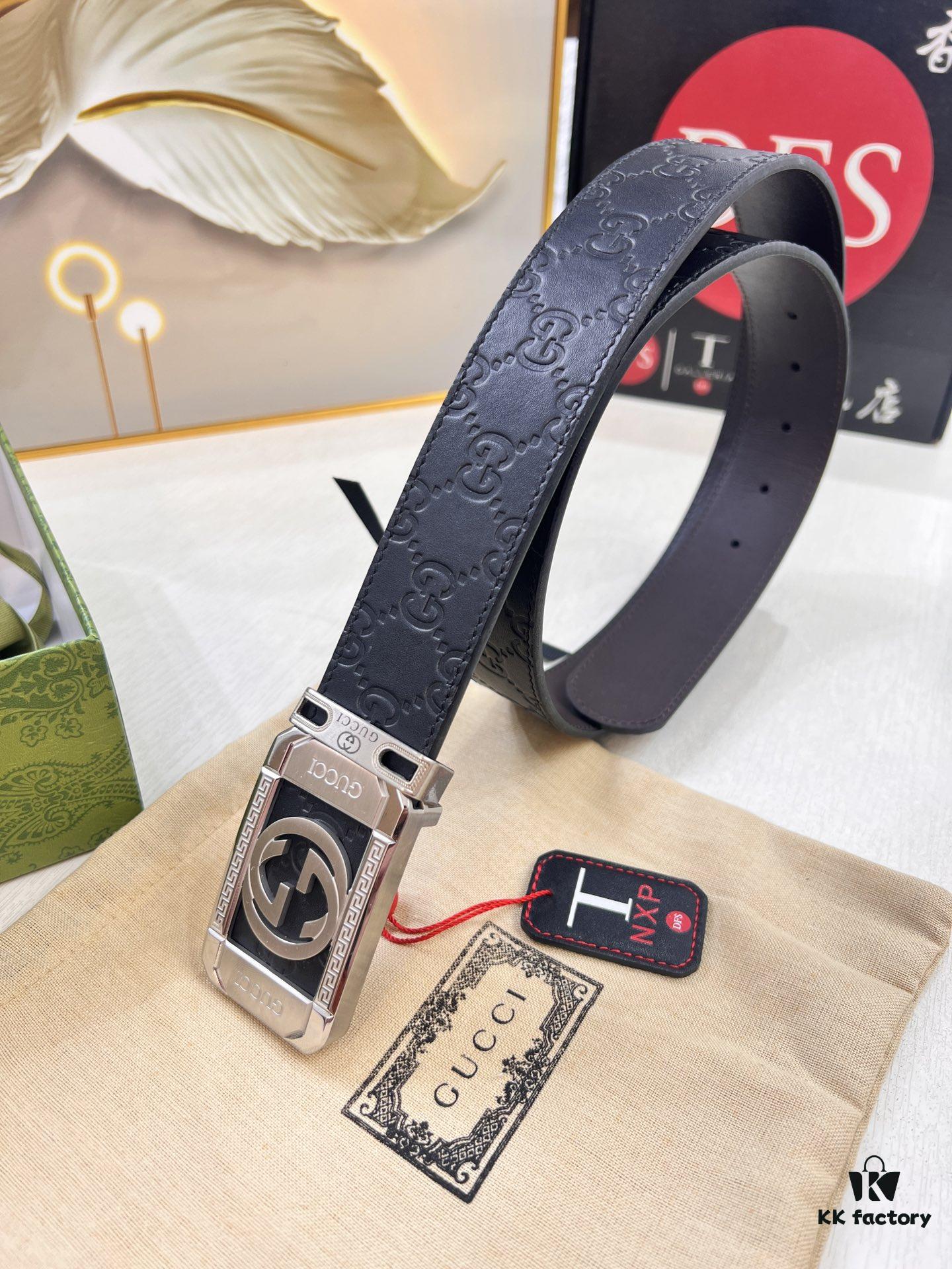 Gucci Men's Belt, 4.0cm Wide, Embossed Cowhide Leather, GG Buckle, ZP Molded Latest Design, Genuine Quality with NXP Anti-Counterfeit Chip