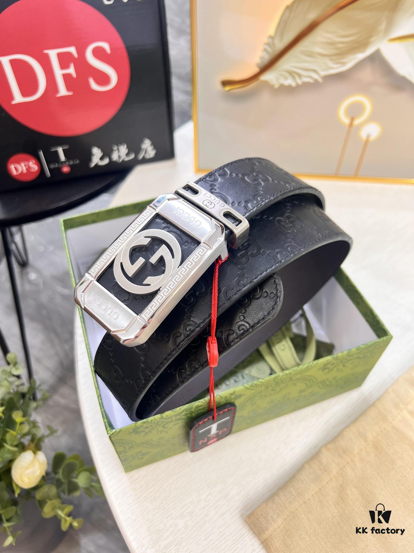 Gucci Men's Belt, 4.0cm Wide, Embossed Cowhide Leather, GG Buckle, ZP Molded Latest Design, Genuine Quality with NXP Anti-Counterfeit Chip