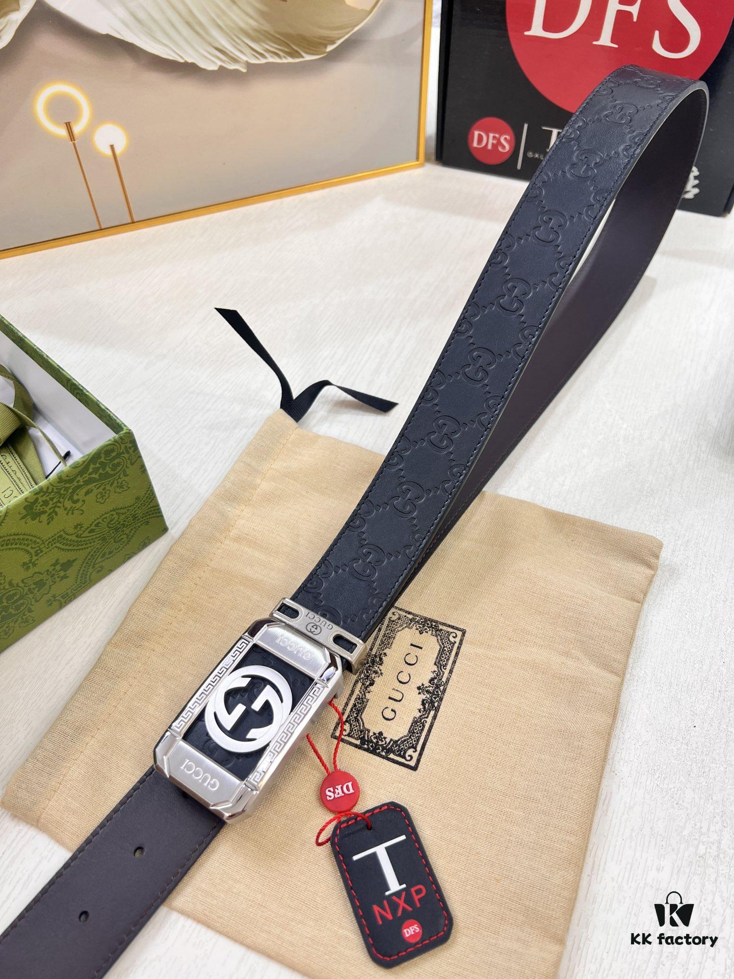 Gucci Men's Belt, 4.0cm Wide, Embossed Cowhide Leather, GG Buckle, ZP Molded Latest Design, Genuine Quality with NXP Anti-Counterfeit Chip