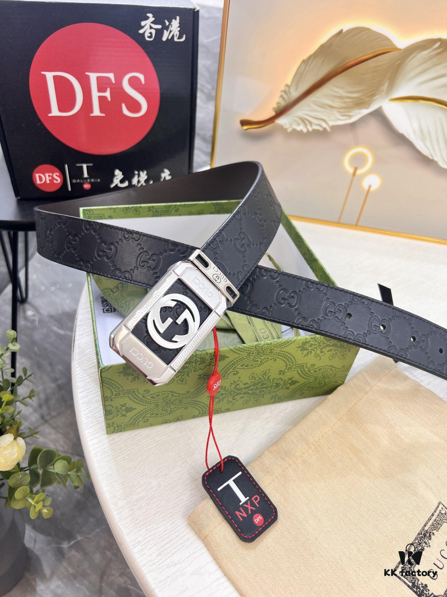 Gucci Men's Belt, 4.0cm Wide, Embossed Cowhide Leather, GG Buckle, ZP Molded Latest Design, Genuine Quality with NXP Anti-Counterfeit Chip