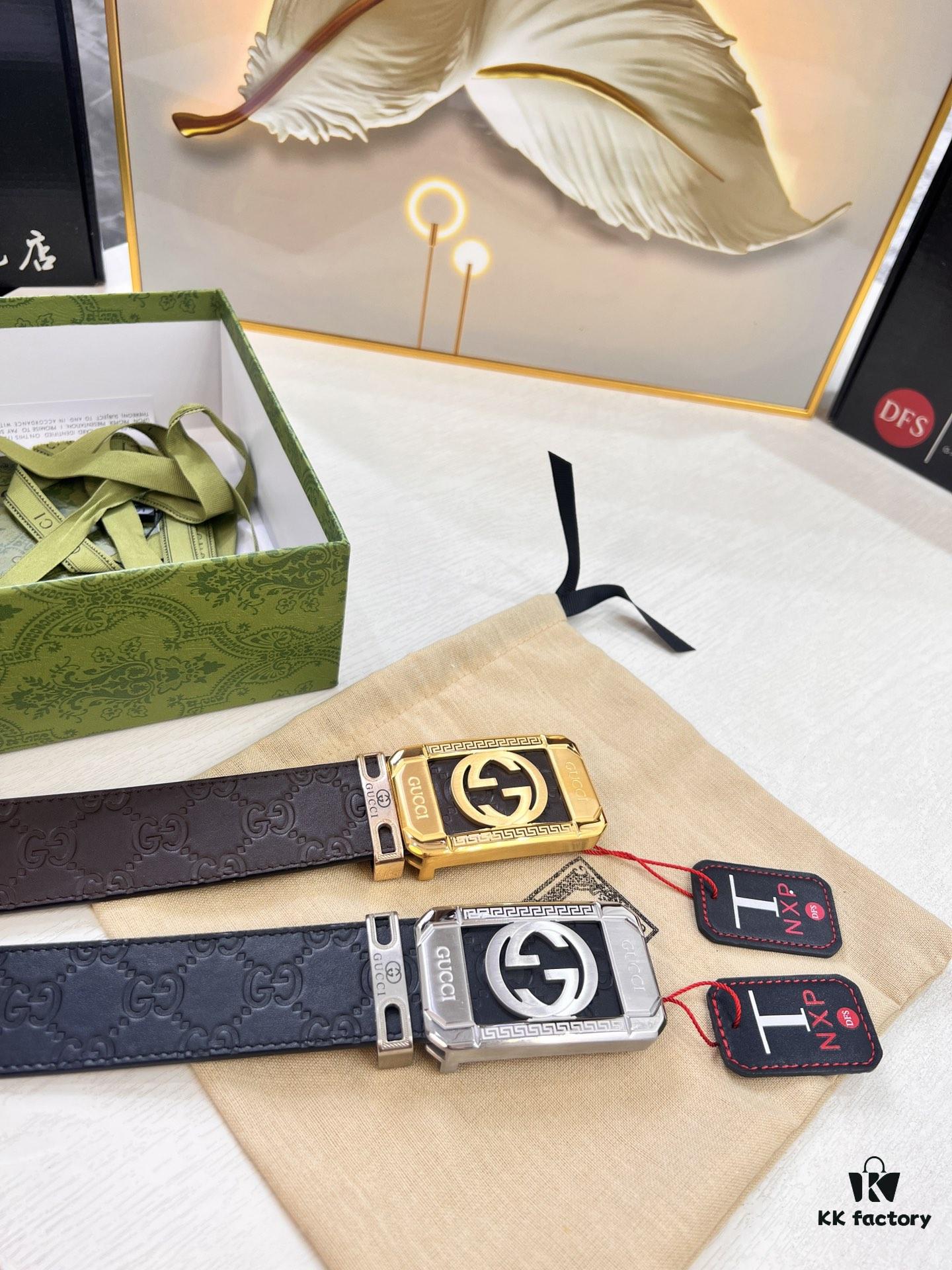 Gucci Men's Belt, 4.0cm Wide, Embossed Cowhide Leather, GG Buckle, ZP Molded Latest Design, Genuine Quality with NXP Anti-Counterfeit Chip