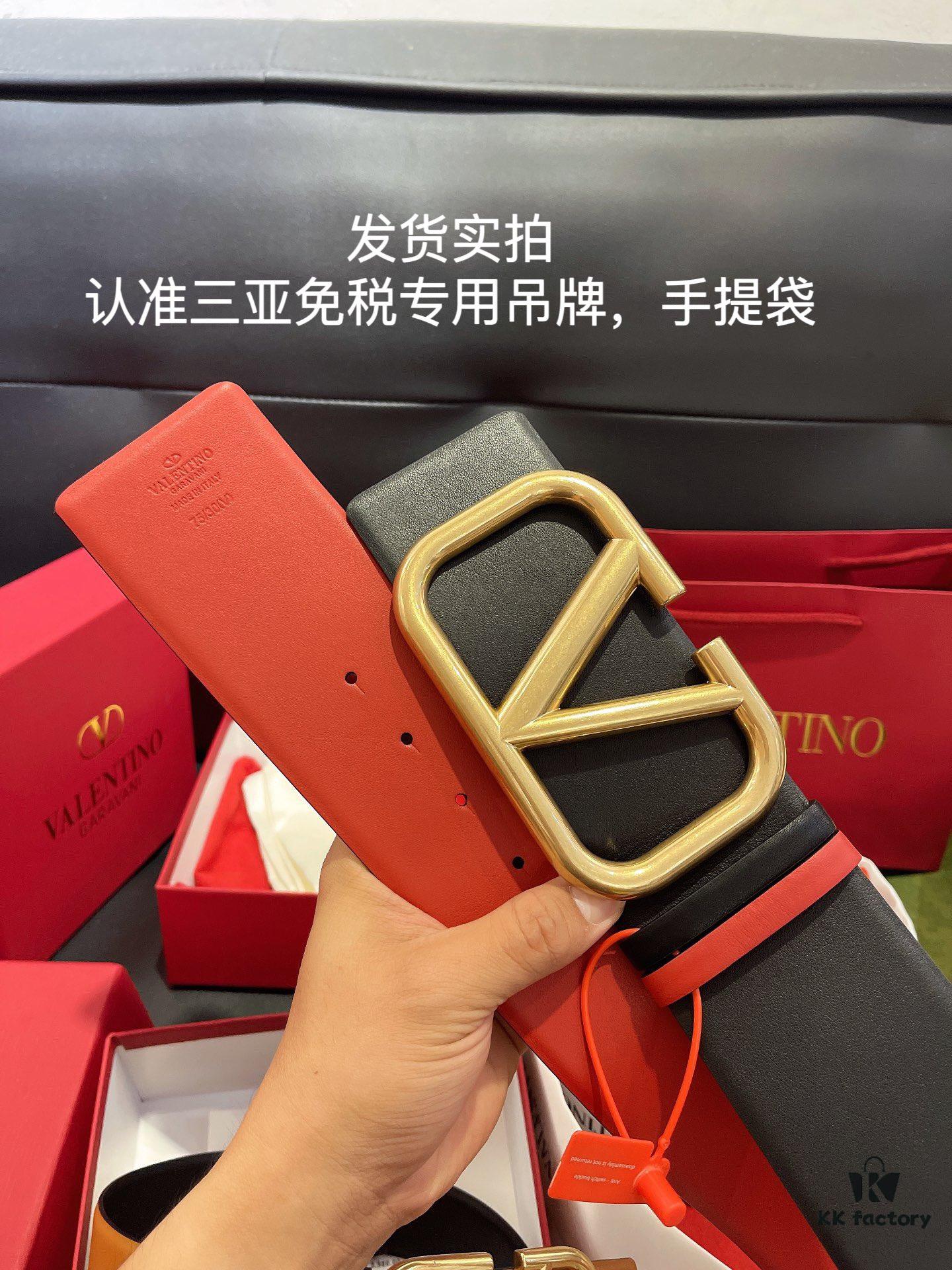 Authentic Duty-Free Valentino Original Imported Leather Belt in Black with Bright Red, Multiple Colors Available, Paired with Retro Hardware ♚ 7.0cm