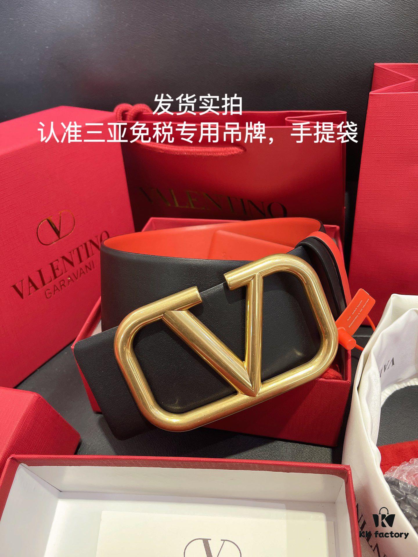 Authentic Duty-Free Valentino Original Imported Leather Belt in Black with Bright Red, Multiple Colors Available, Paired with Retro Hardware ♚ 7.0cm