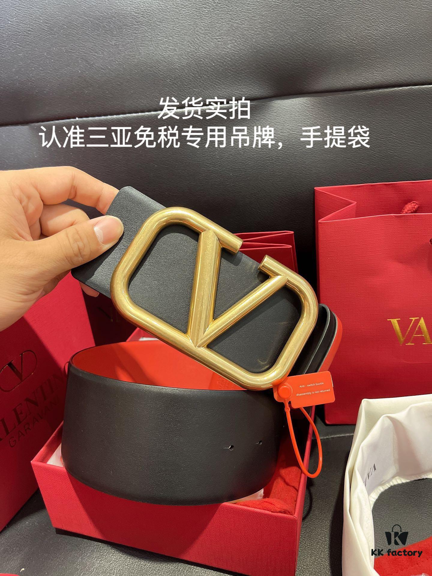 Authentic Duty-Free Valentino Original Imported Leather Belt in Black with Bright Red, Multiple Colors Available, Paired with Retro Hardware ♚ 7.0cm