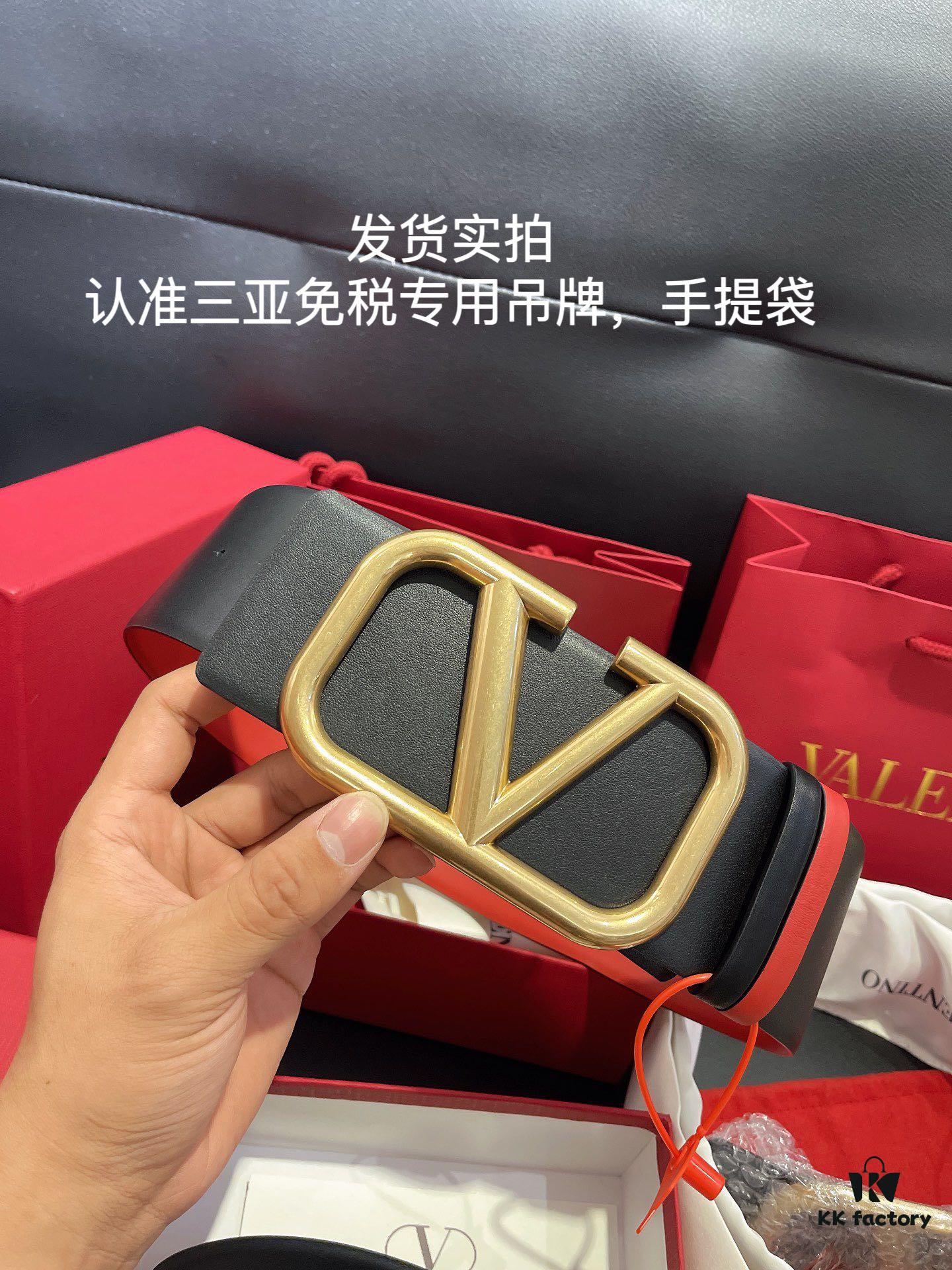 Authentic Duty-Free Valentino Original Imported Leather Belt in Black with Bright Red, Multiple Colors Available, Paired with Retro Hardware ♚ 7.0cm