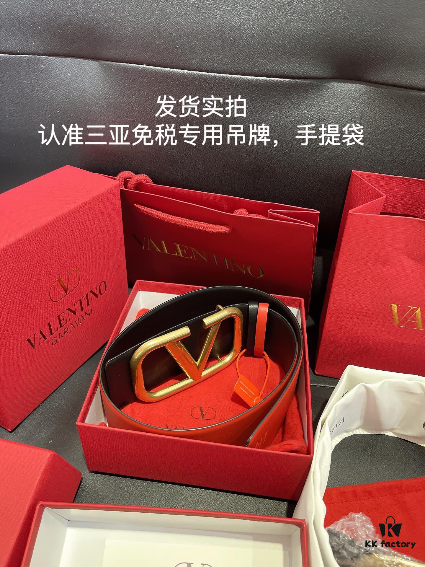 Authentic Duty-Free Valentino Original Imported Leather Belt in Black with Bright Red, Multiple Colors Available, Paired with Retro Hardware ♚ 7.0cm