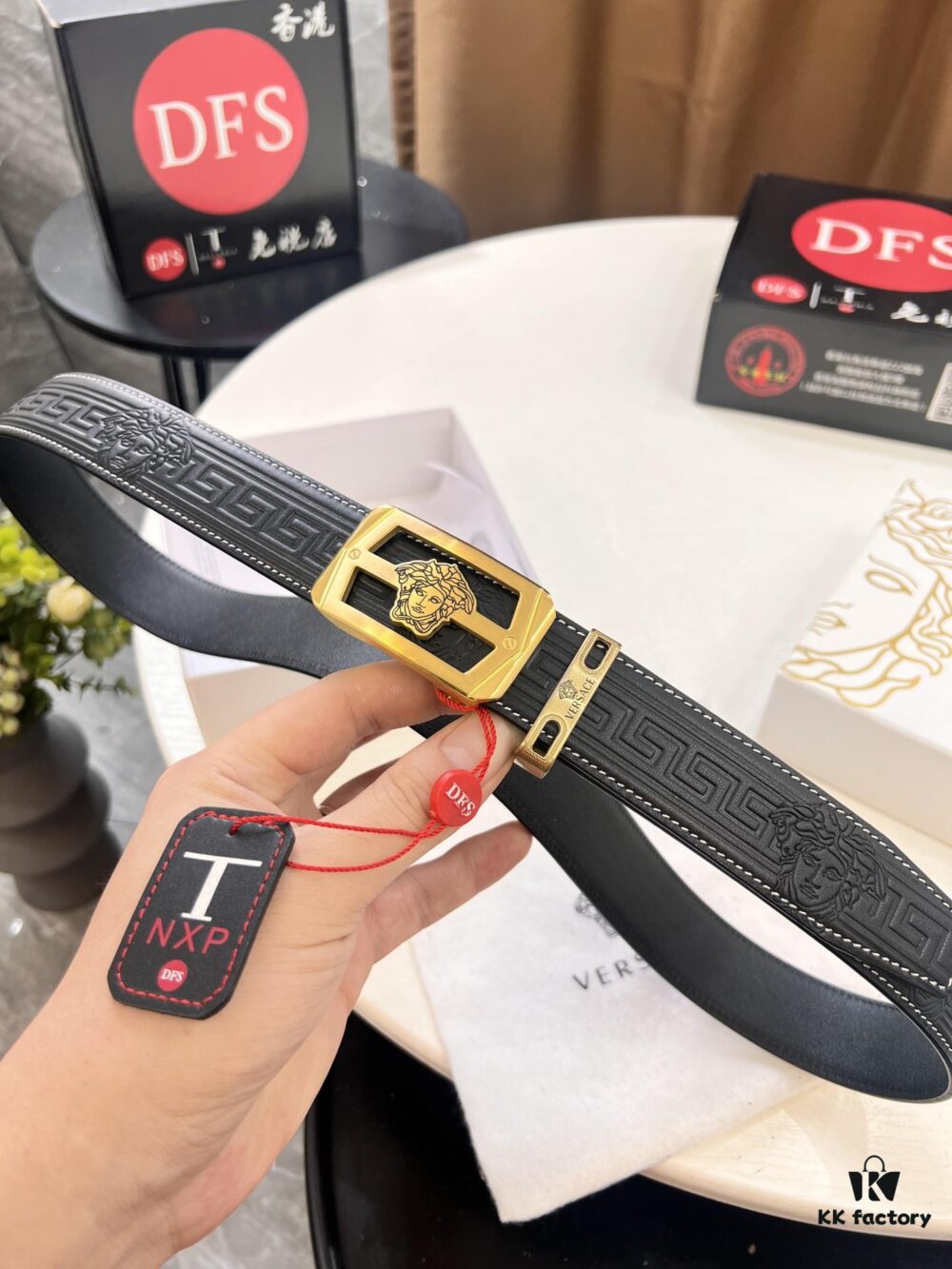 Versace Automatic Buckle Belt, Custom Embossed Top-Grade Imported Calfskin with Fine Grain, 3.5cm Width, Luxury Business Formal Belt with Steel Hardware