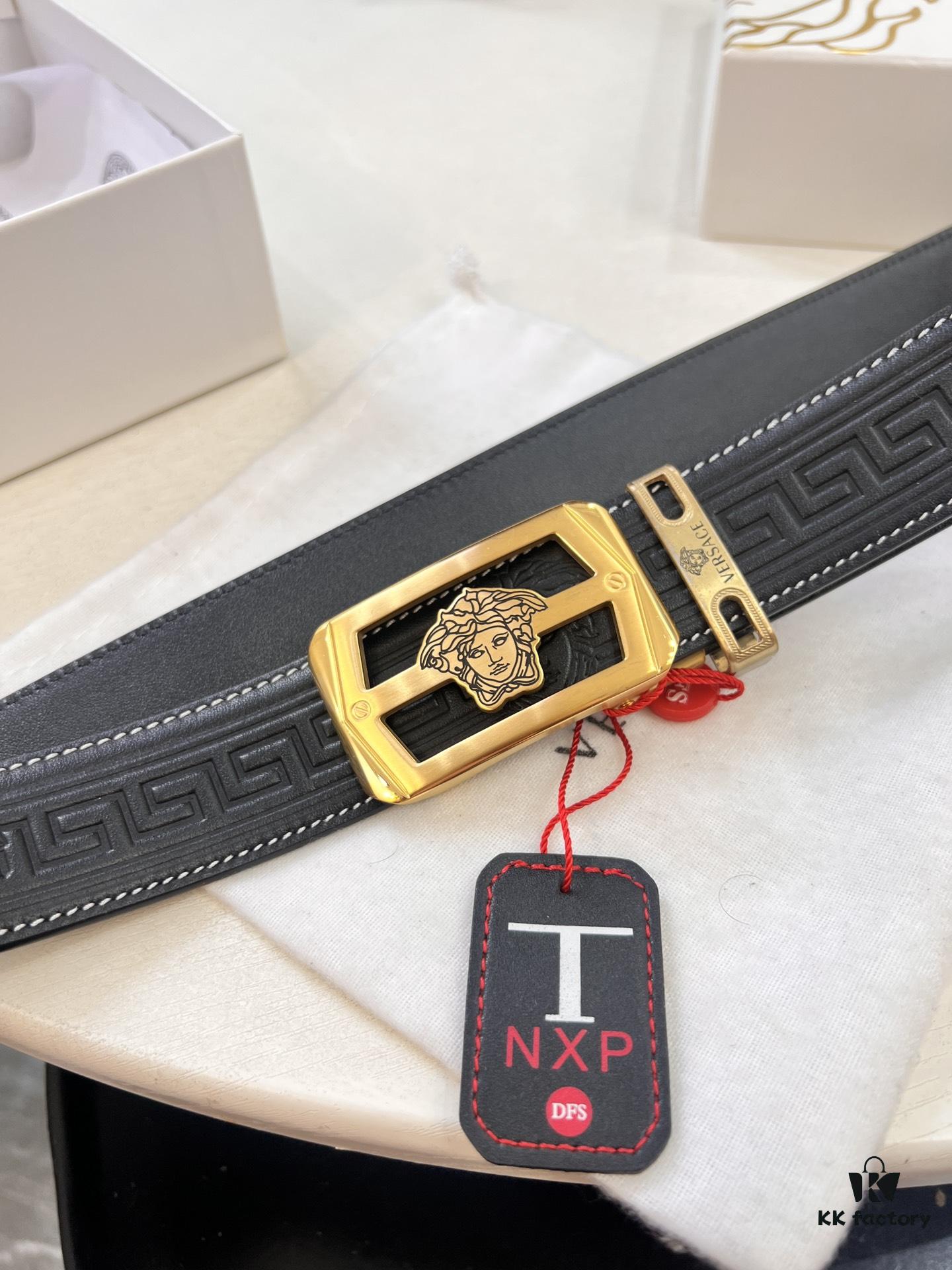 Versace Automatic Buckle Belt, Custom Embossed Top-Grade Imported Calfskin, Fine Grain Leather, 3.5cm Width, Luxury Business Formal Belt with Stainless Steel Auto Slide Buckle