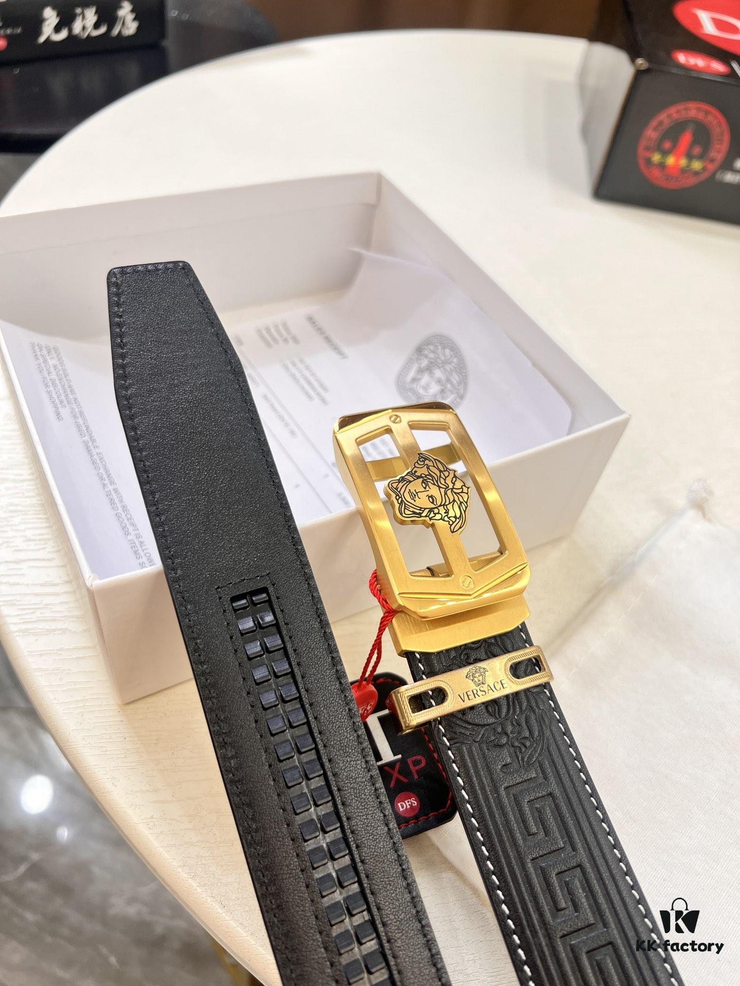 Versace Automatic Buckle Belt, Custom Embossed Top-Grade Imported Calfskin, Fine Grain Leather, 3.5cm Width, Luxury Business Formal Belt with Stainless Steel Auto Slide Buckle