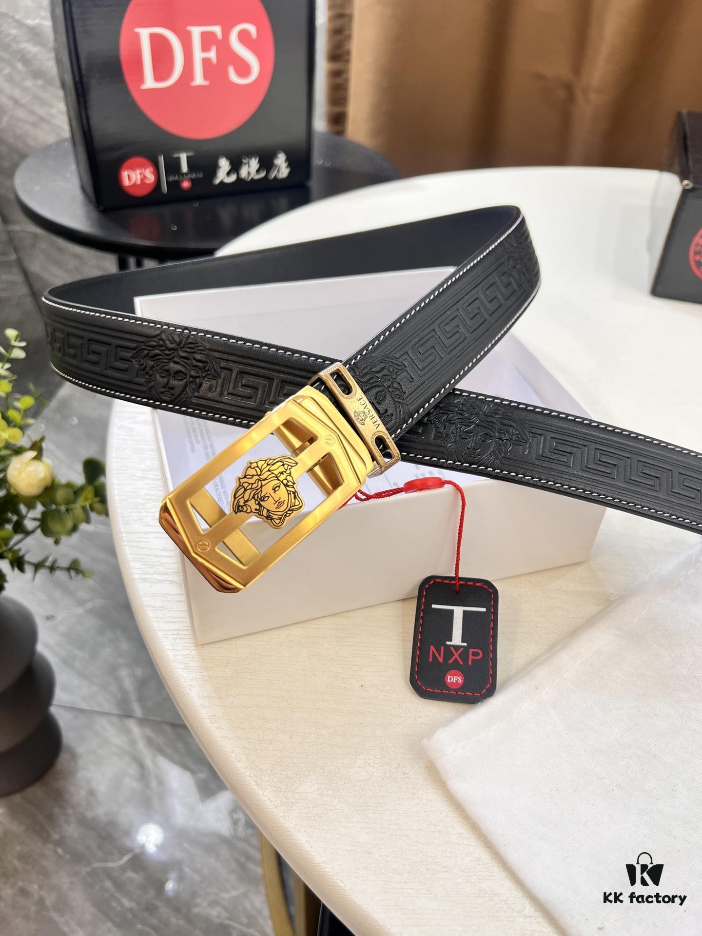 Versace Automatic Buckle Belt, Custom Embossed Top-Grade Imported Calfskin, Fine Grain Leather, 3.5cm Width, Luxury Business Formal Belt with Stainless Steel Auto Slide Buckle