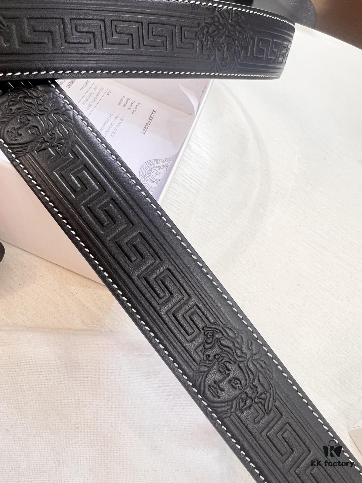 Versace Automatic Buckle Belt, Custom Embossed Top-Grade Imported Calfskin, Fine Grain Leather, 3.5cm Width, Luxury Business Formal Belt with Stainless Steel Auto Slide Buckle