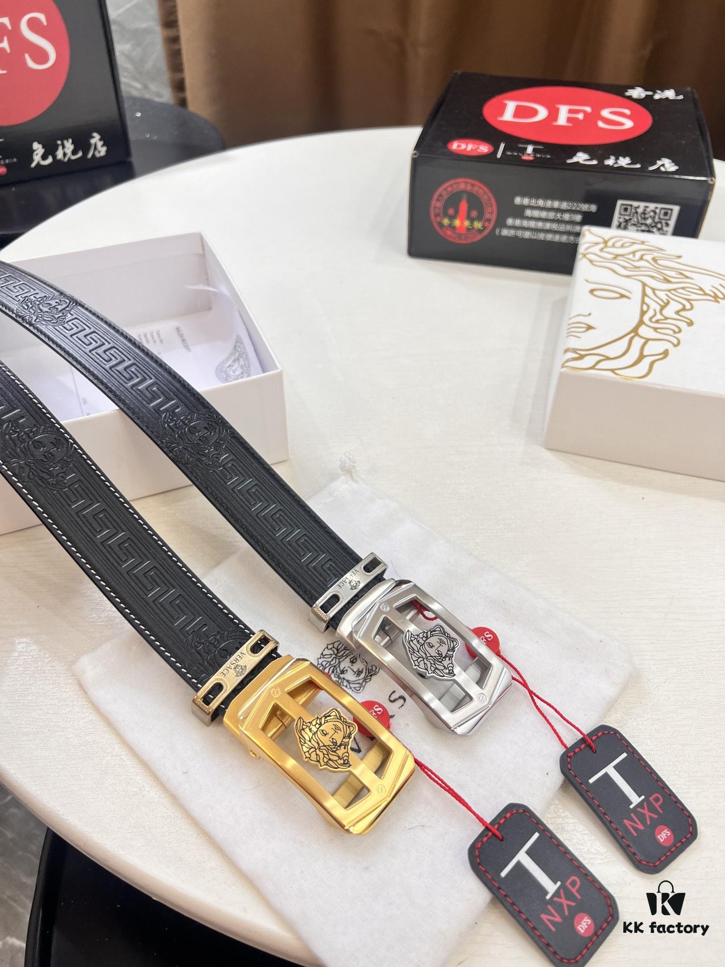 Versace Automatic Buckle Belt, Custom Embossed Top-Grade Imported Calfskin, Fine Grain Leather, 3.5cm Width, Luxury Business Formal Belt with Stainless Steel Auto Slide Buckle