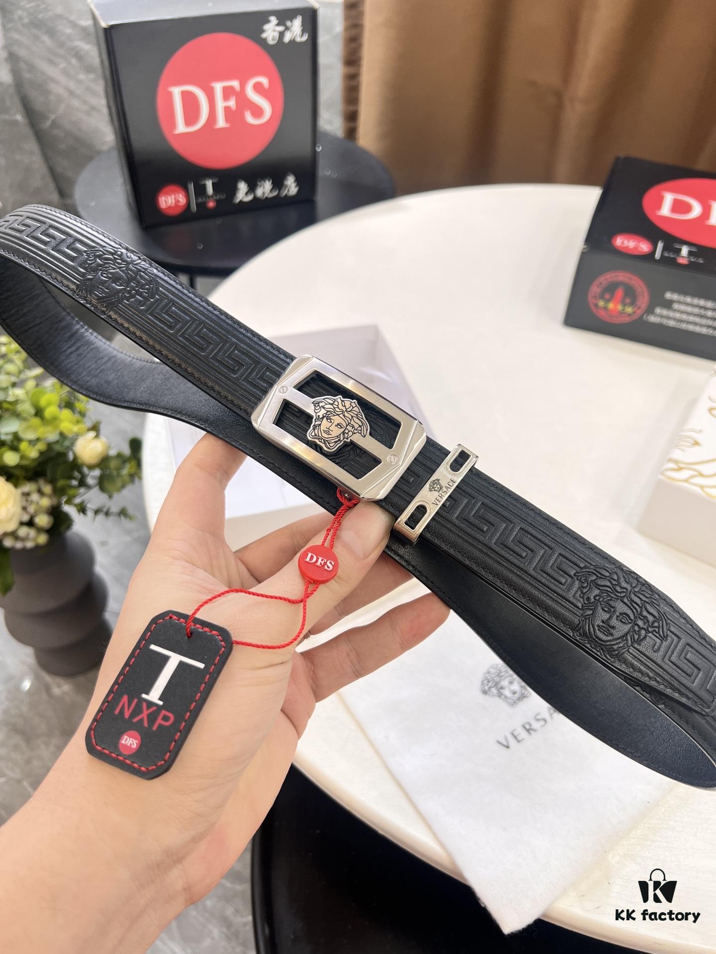 Versace Automatic Buckle Belt, Custom Embossed Top Grain Imported Leather, Fine Calfskin, 3.5cm Width, Luxury Business Formal Belt with Steel Hardware