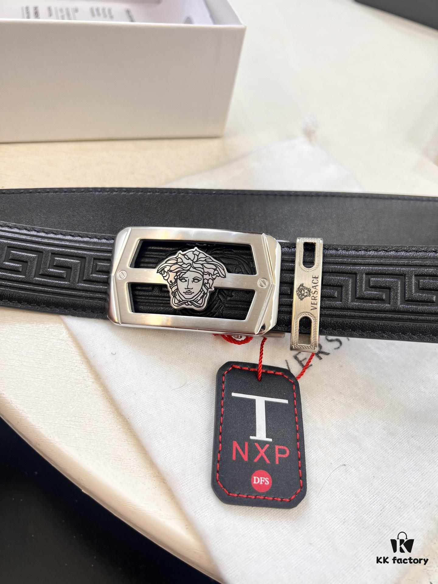 Versace Automatic Buckle Belt, Custom Embossed Top Grain Imported Leather, Fine Calfskin, 3.5cm Width, Luxury Business Formal Belt with Steel Hardware