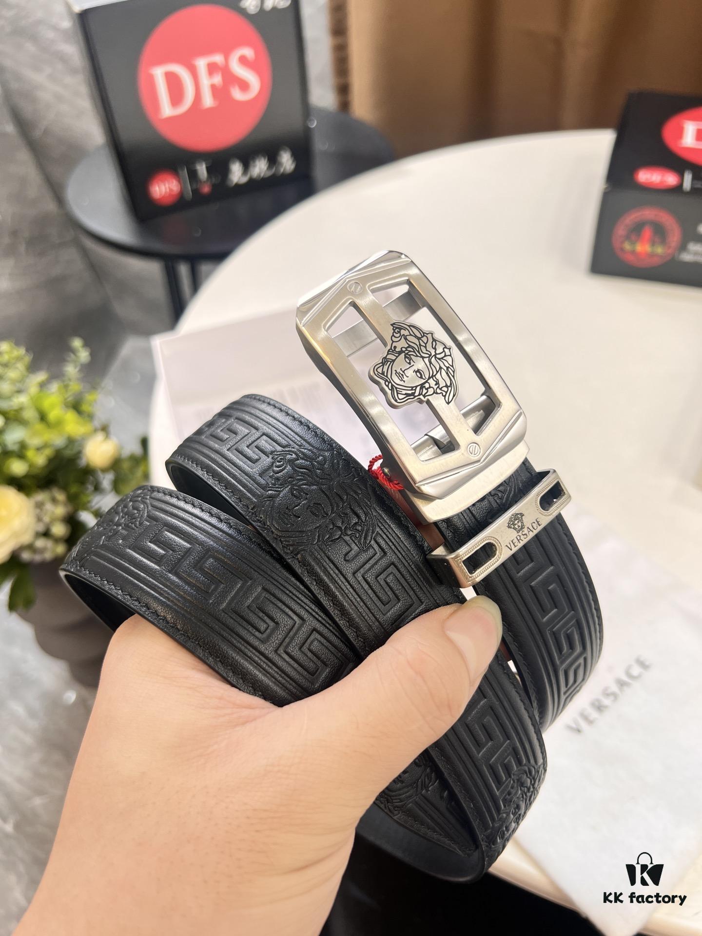 Versace Automatic Buckle Belt, Custom Embossed Top Grain Imported Leather, Fine Calfskin, 3.5cm Width, Luxury Business Formal Belt with Steel Hardware