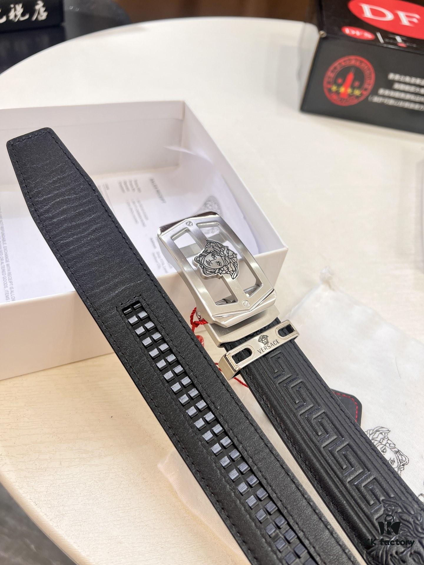 Versace Automatic Buckle Belt, Custom Embossed Top Grain Imported Leather, Fine Calfskin, 3.5cm Width, Luxury Business Formal Belt with Steel Hardware