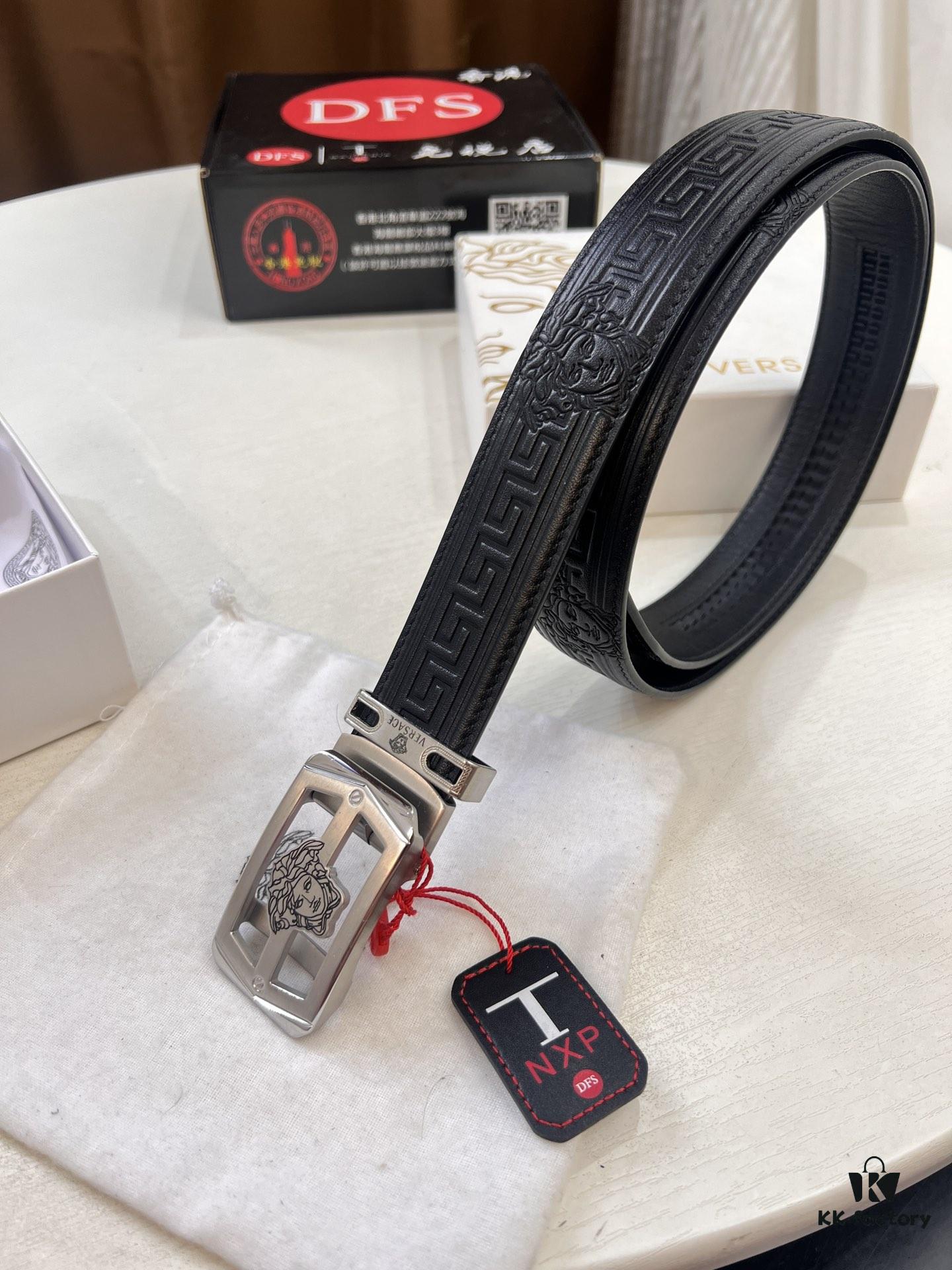 Versace Automatic Buckle Belt, Custom Embossed Top Grain Imported Leather, Fine Calfskin, 3.5cm Width, Luxury Business Formal Belt with Steel Hardware