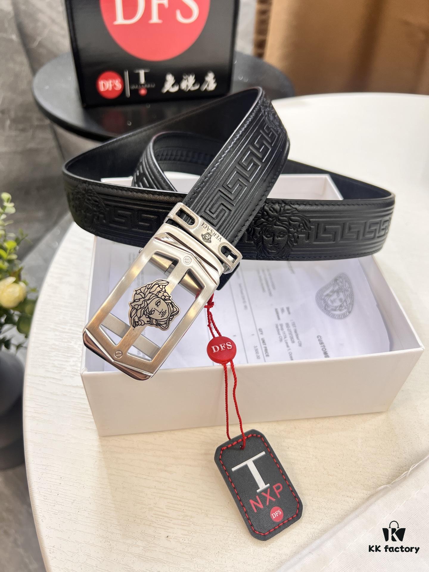 Versace Automatic Buckle Belt, Custom Embossed Top Grain Imported Leather, Fine Calfskin, 3.5cm Width, Luxury Business Formal Belt with Steel Hardware