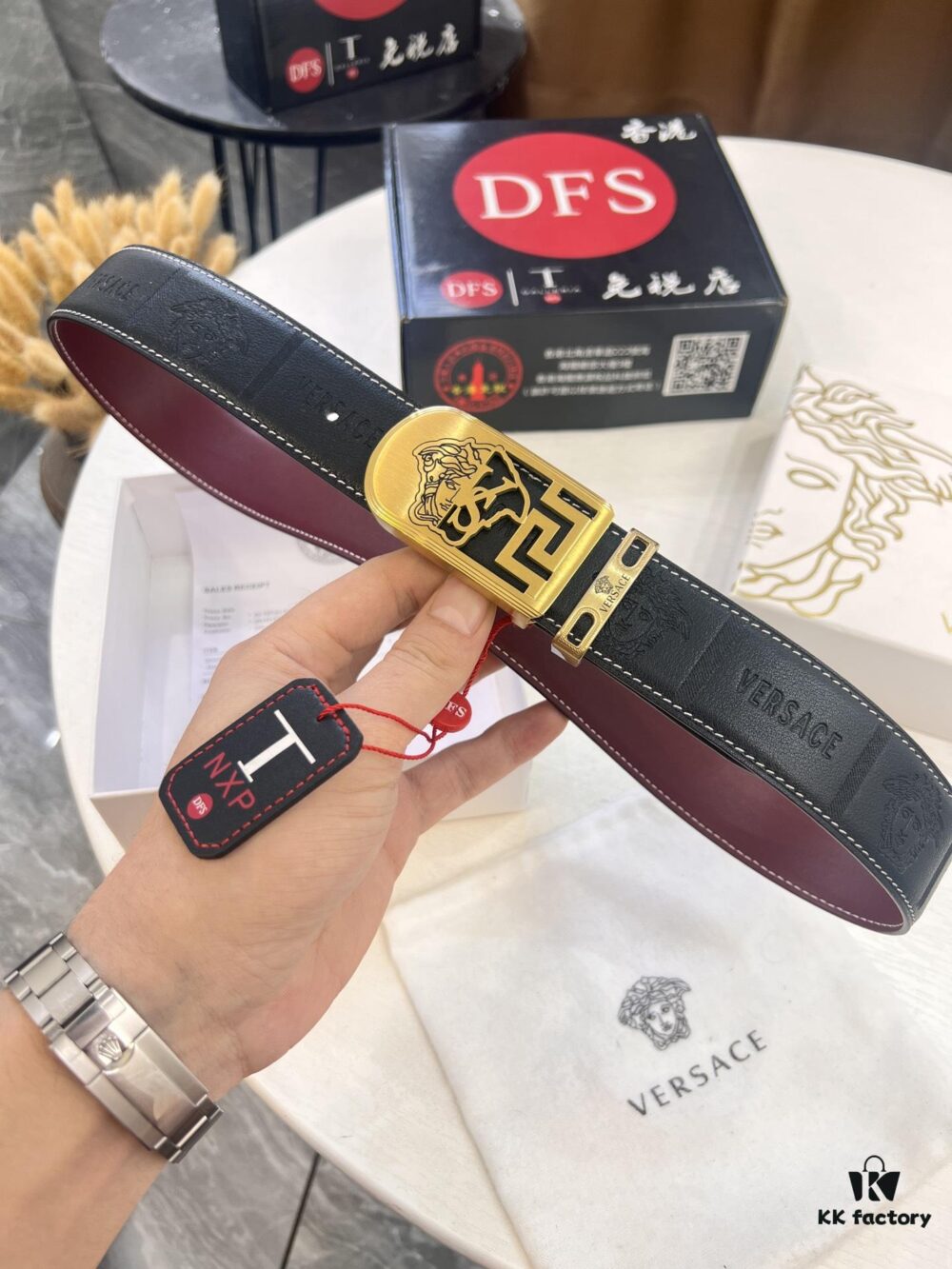 Versace Medusa Belt - Original Factory Direct, Italian Imported Top Grain Calfskin, Wine Red Plain Texture, 3.8cm Width