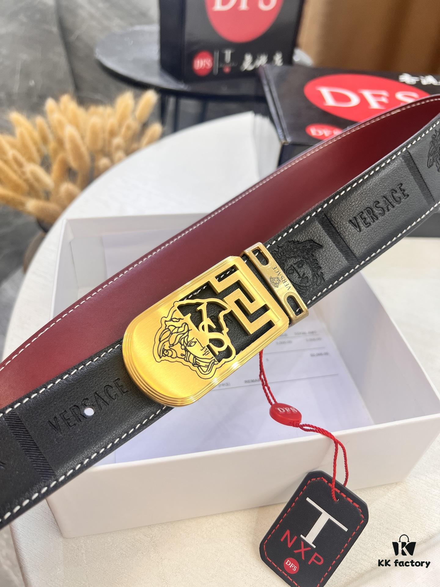 Versace Medusa Leather Belt - Original Factory Order, Italian Imported Top Grain Calfskin, Wine Red Plain Weave, 3.8cm Width, Authentic NXP RFID Tag