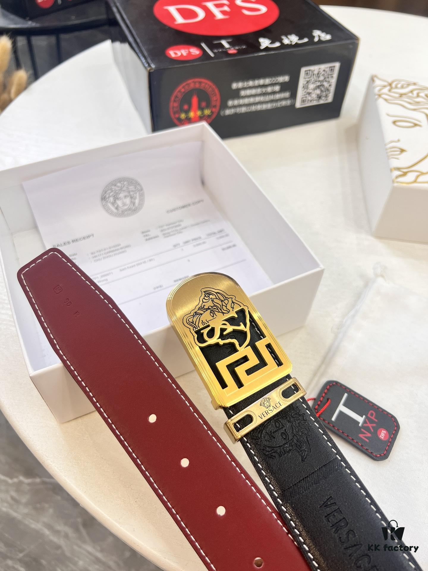 Versace Medusa Leather Belt - Original Factory Order, Italian Imported Top Grain Calfskin, Wine Red Plain Weave, 3.8cm Width, Authentic NXP RFID Tag