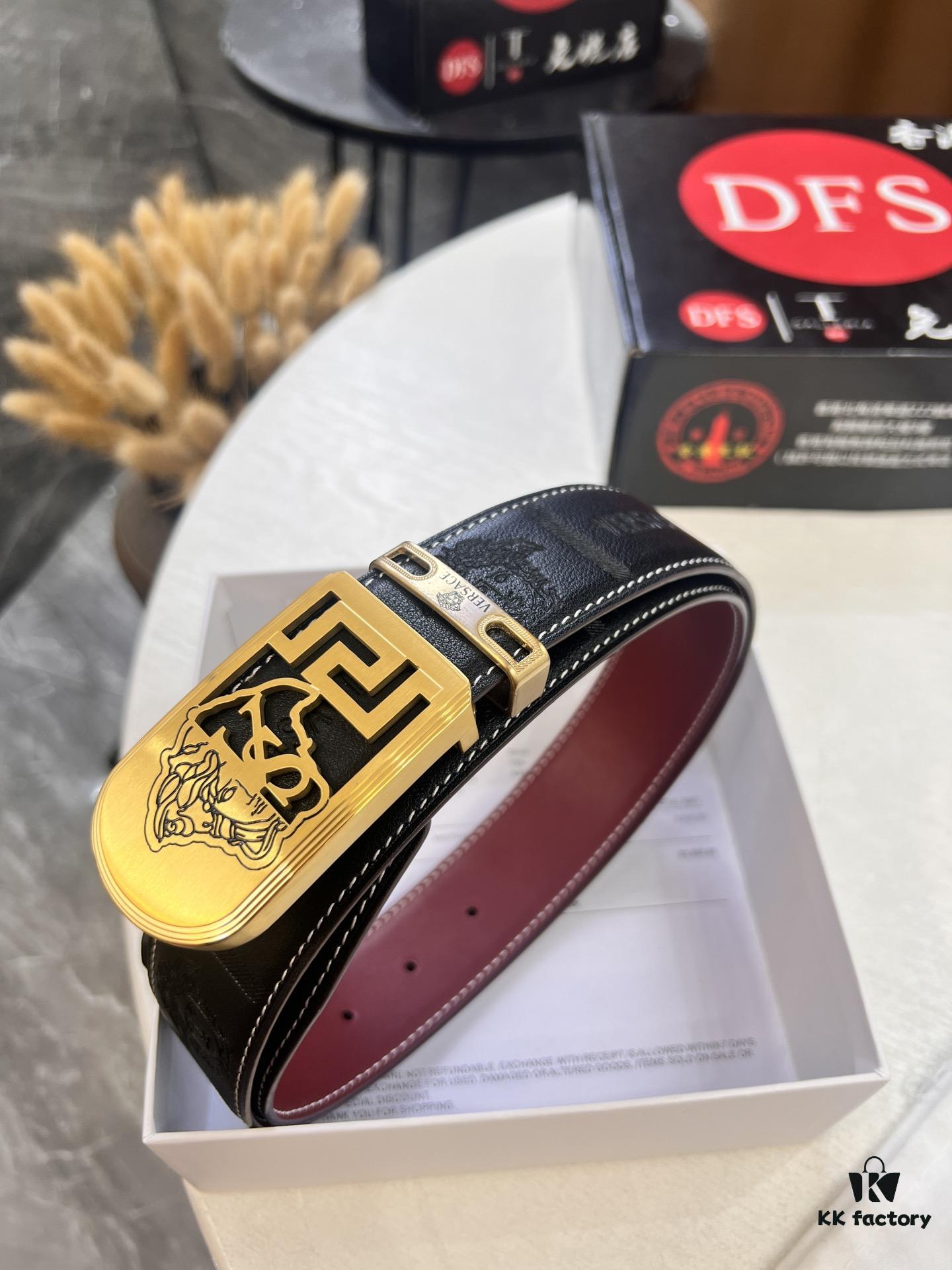 Versace Medusa Leather Belt - Original Factory Order, Italian Imported Top Grain Calfskin, Wine Red Plain Weave, 3.8cm Width, Authentic NXP RFID Tag