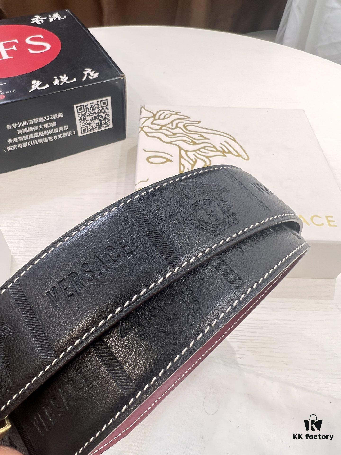 Versace Medusa Leather Belt - Original Factory Order, Italian Imported Top Grain Calfskin, Wine Red Plain Weave, 3.8cm Width, Authentic NXP RFID Tag