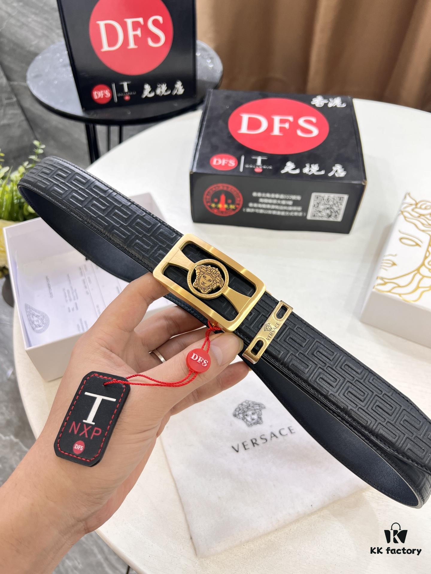 Versace Automatic Buckle Belt, Custom Embossed Top-Grade Imported Calfskin with Fine Grain, 3.5cm Width, Luxury Business Formal Accessory