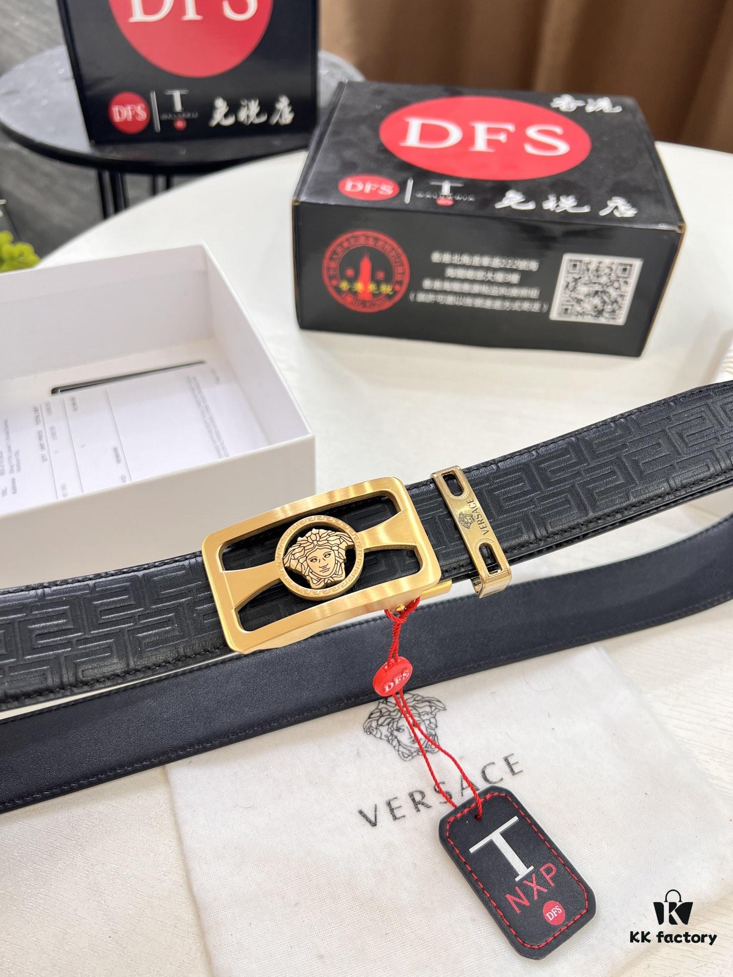 Versace Automatic Buckle Belt, Custom Embossed Top-Grade Imported Calfskin with Fine Grain, 3.5cm Width, Luxury Business Formal Accessory