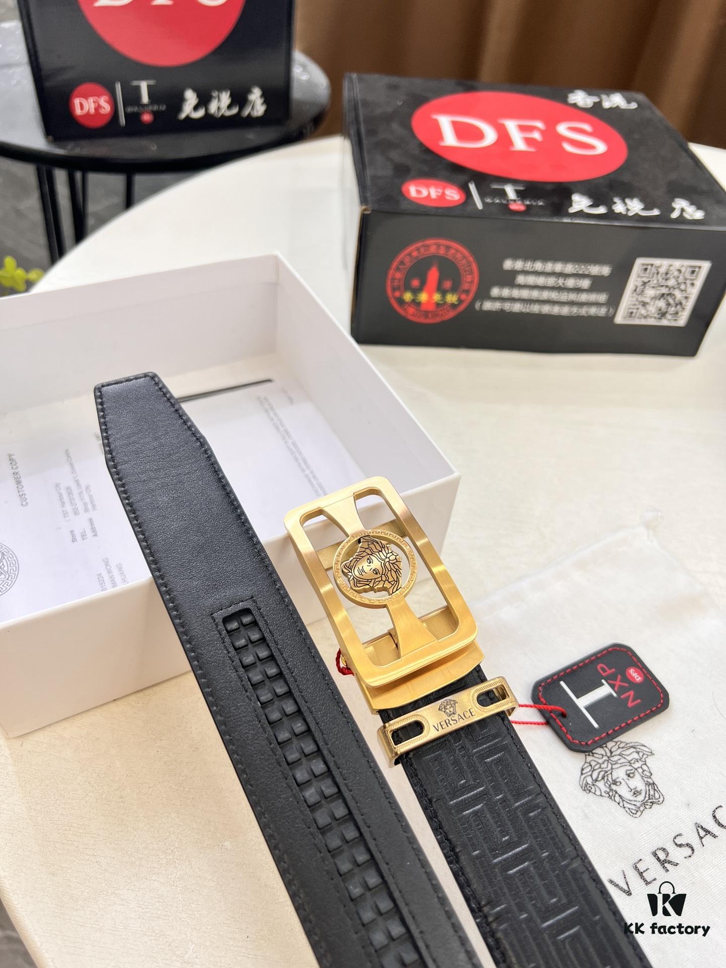 Versace Automatic Buckle Belt, Custom Embossed Top-Grade Imported Calfskin with Fine Grain, 3.5cm Width, Luxury Business Formal Accessory