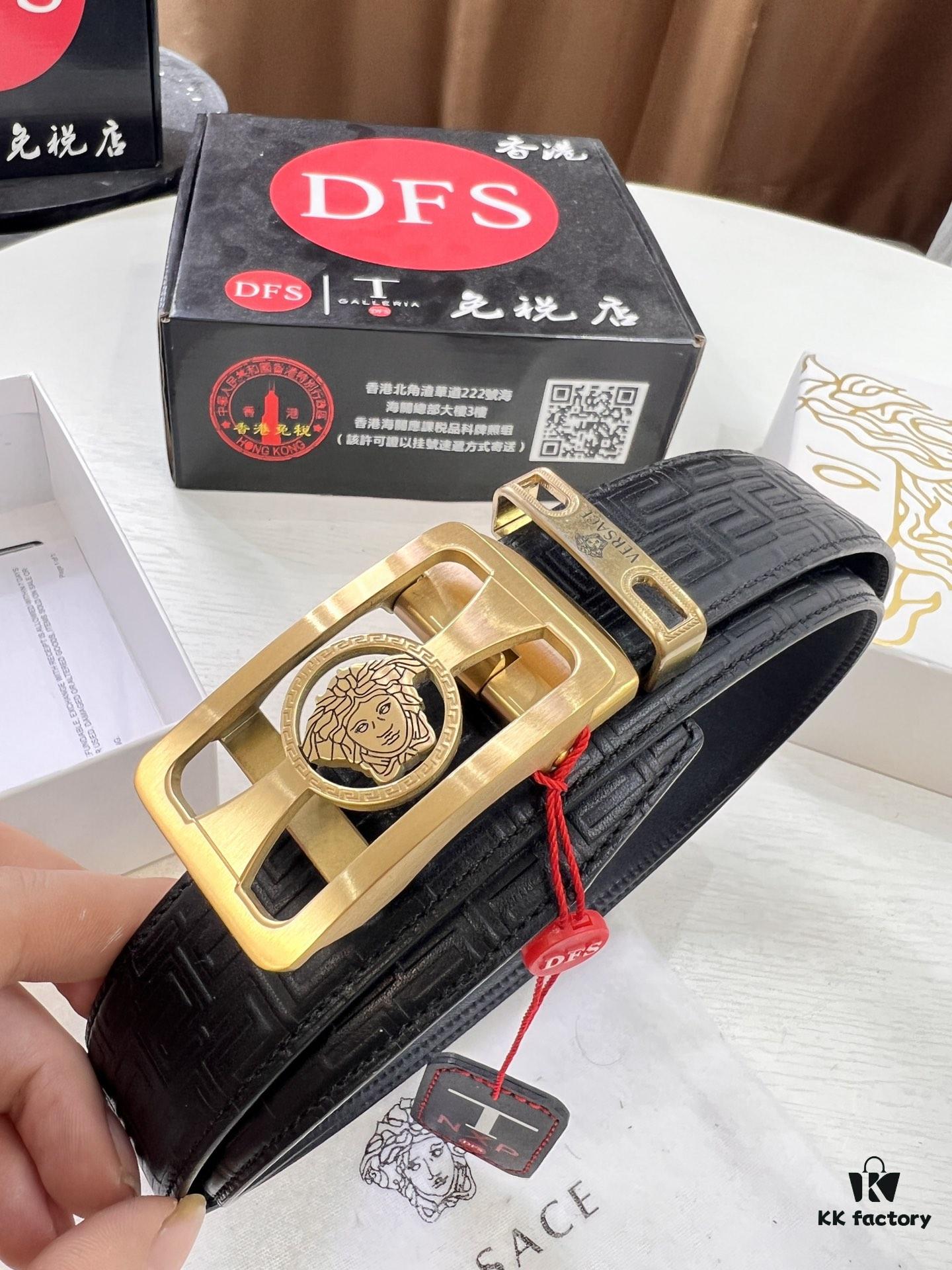 Versace Automatic Buckle Belt, Custom Embossed Top-Grade Imported Calfskin with Fine Grain, 3.5cm Width, Luxury Business Formal Accessory
