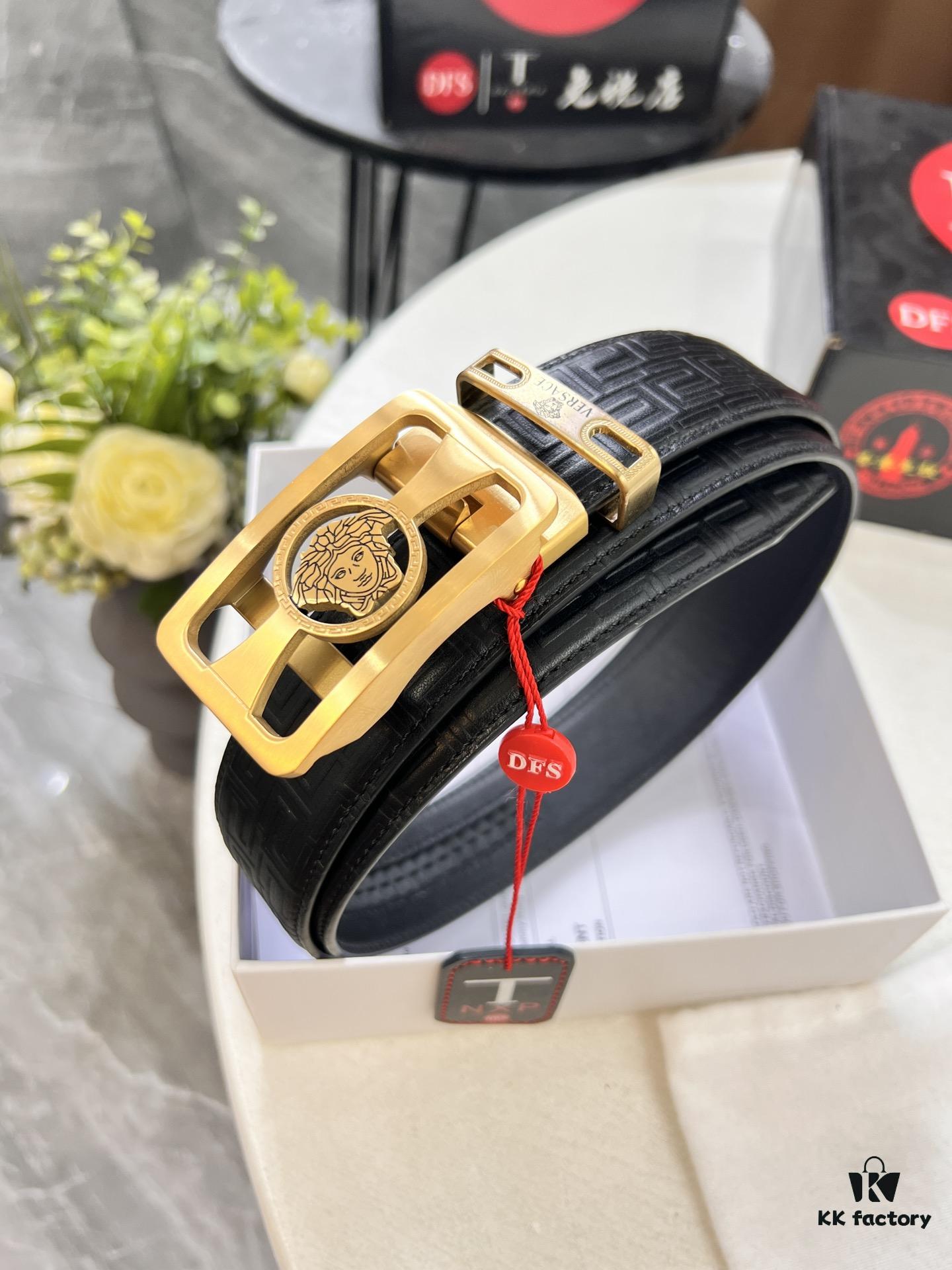 Versace Automatic Buckle Belt, Custom Embossed Top-Grade Imported Calfskin with Fine Grain, 3.5cm Width, Luxury Business Formal Accessory