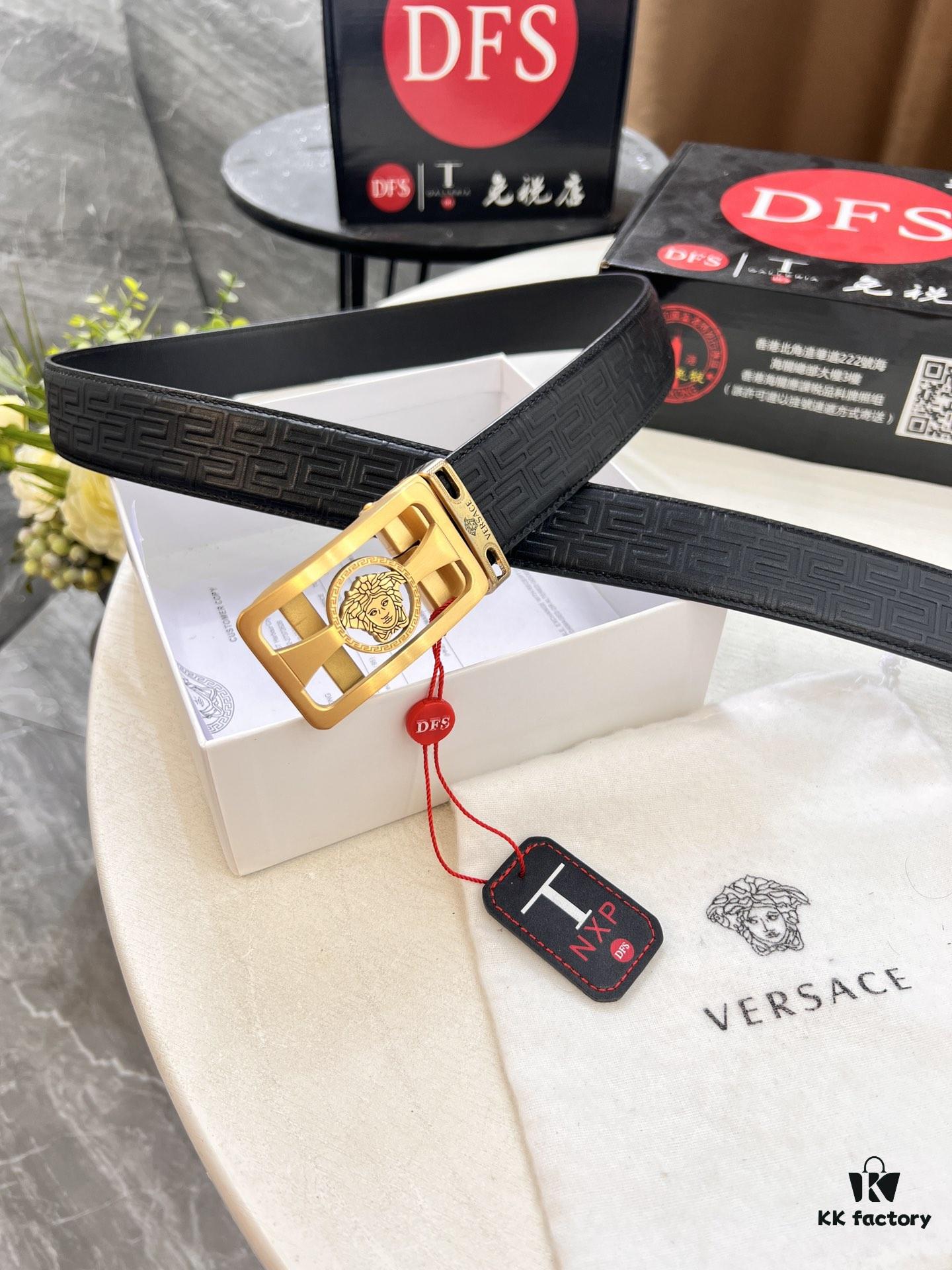 Versace Automatic Buckle Belt, Custom Embossed Top-Grade Imported Calfskin with Fine Grain, 3.5cm Width, Luxury Business Formal Accessory