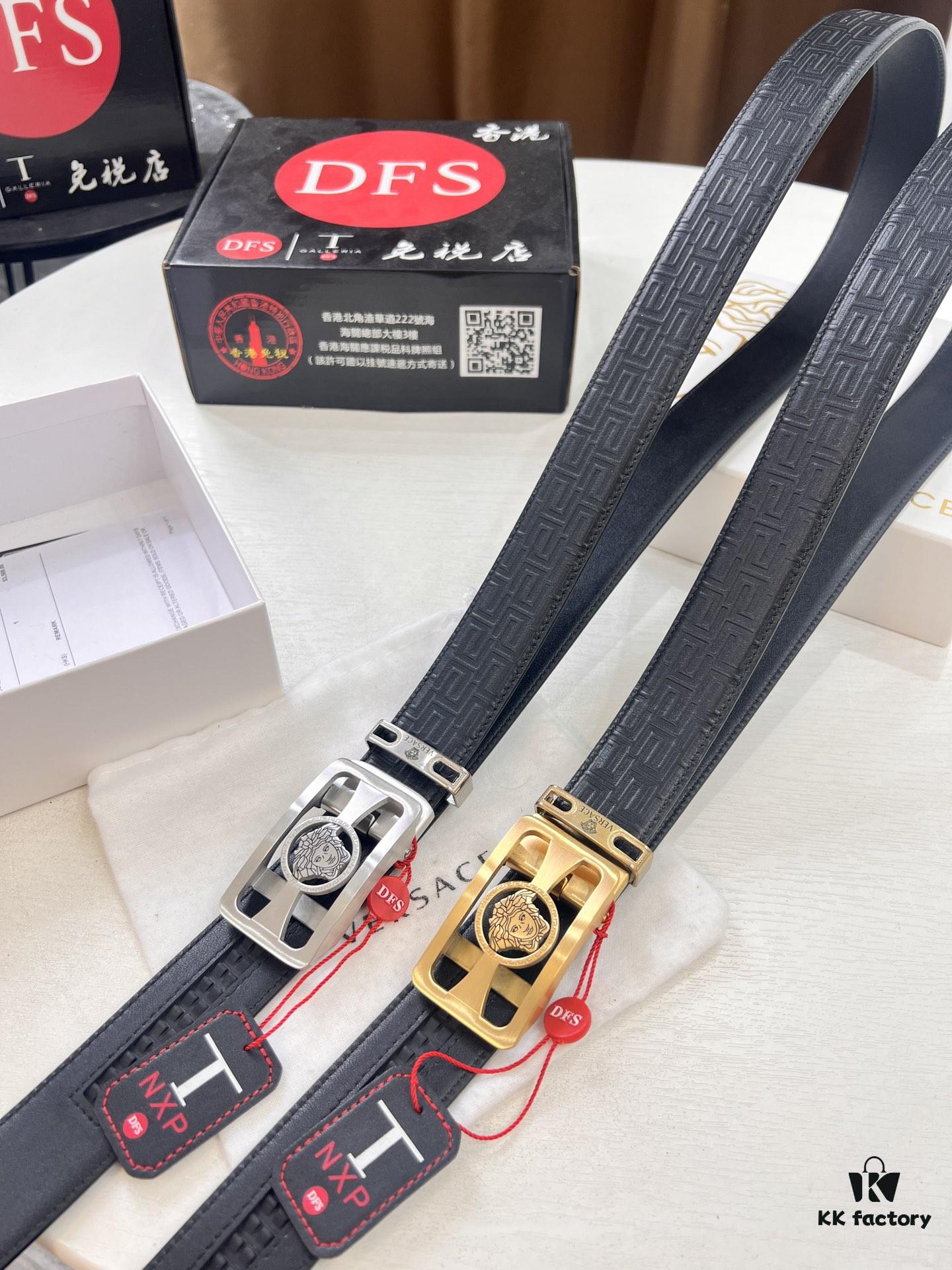 Versace Automatic Buckle Belt, Custom Embossed Top-Grade Imported Calfskin with Fine Grain, 3.5cm Width, Luxury Business Formal Accessory