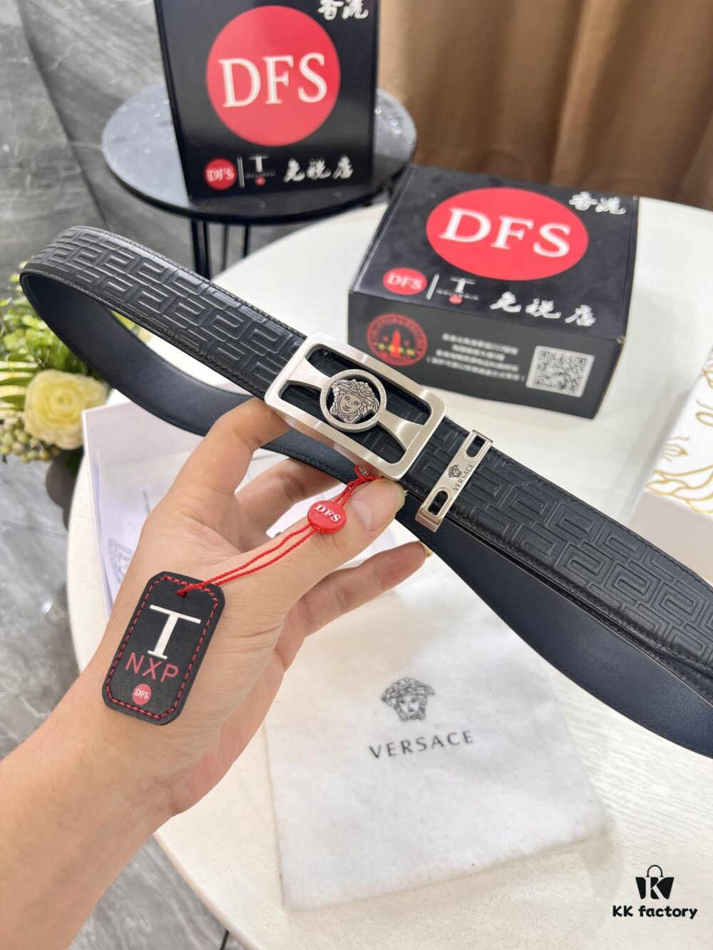 Versace Automatic Buckle Belt, Custom Embossed Top-Grade Imported Calfskin with Fine Grain, 3.5cm Width, Luxury Business Formal Belt with Steel Hardware