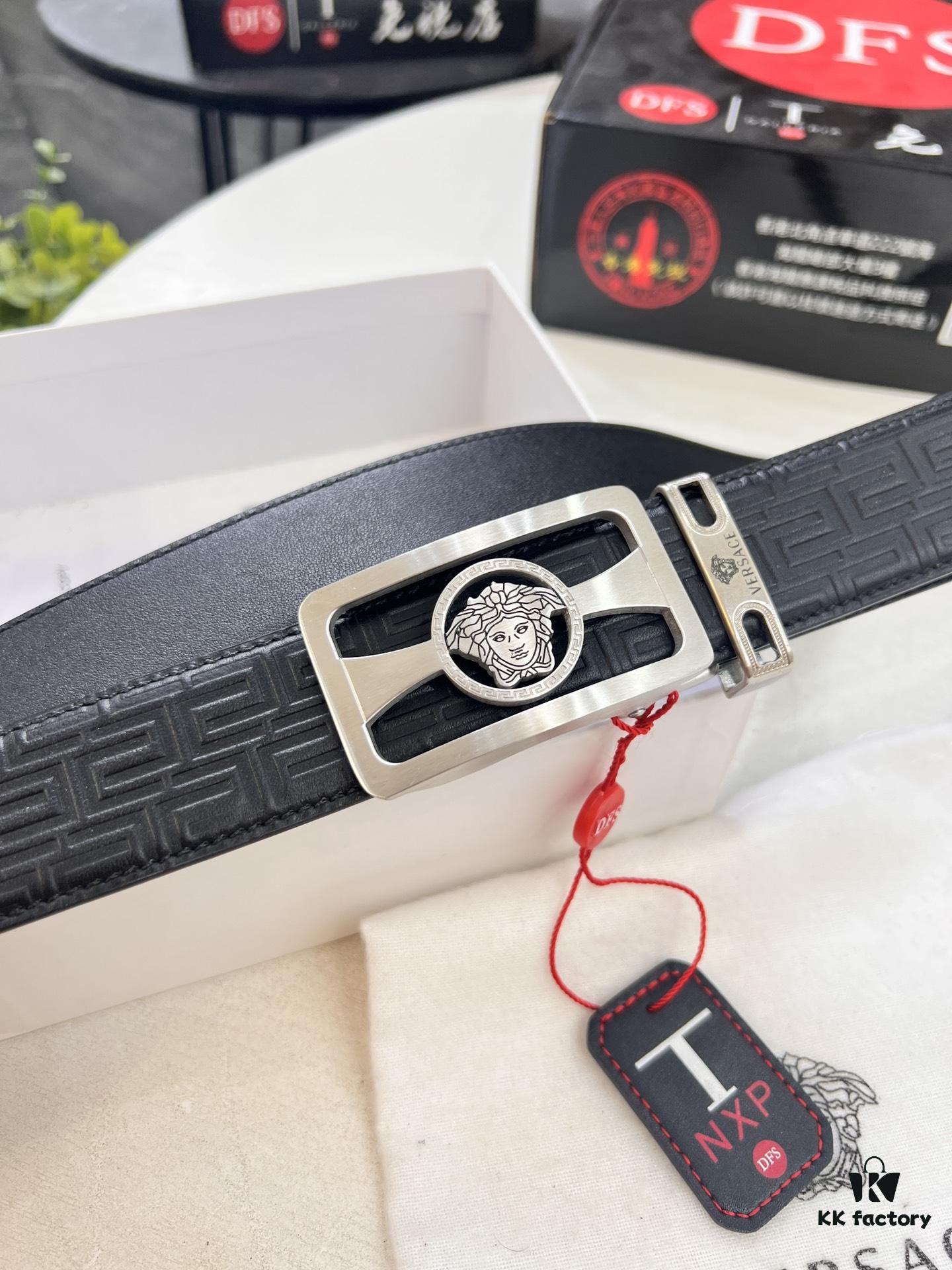 Versace Automatic Buckle Belt, Custom Embossed Top Grain Imported Leather, Fine Calfskin with Small Texture, 3.5 cm Width