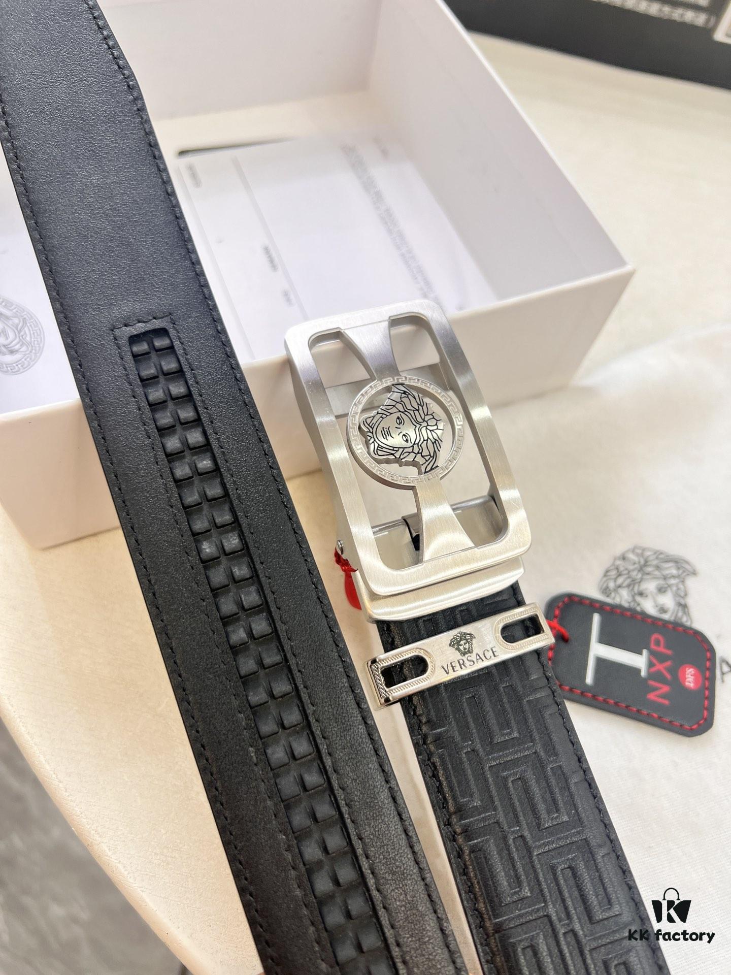 Versace Automatic Buckle Belt, Custom Embossed Top Grain Imported Leather, Fine Calfskin with Small Texture, 3.5 cm Width