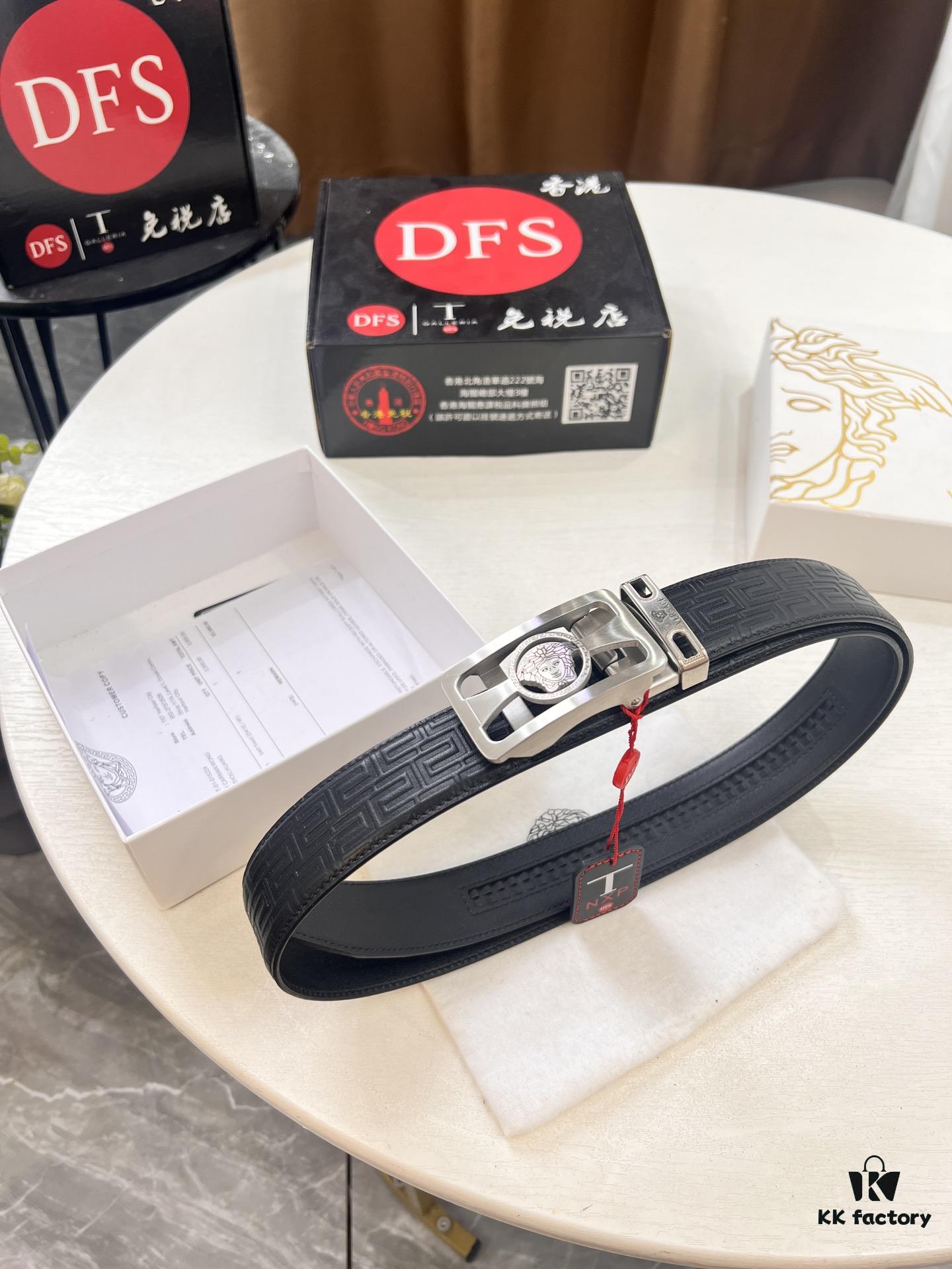 Versace Automatic Buckle Belt, Custom Embossed Top Grain Imported Leather, Fine Calfskin with Small Texture, 3.5 cm Width