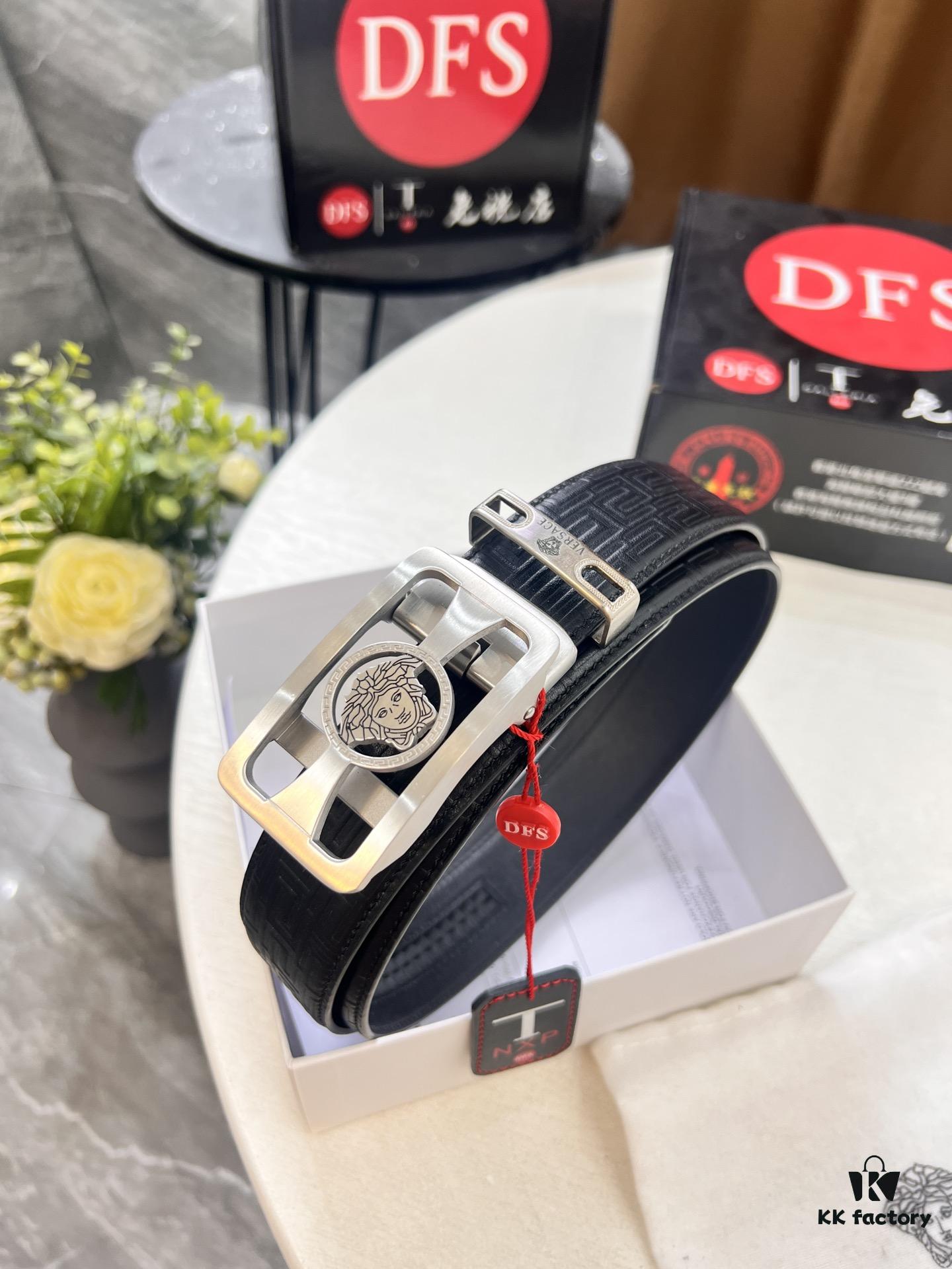 Versace Automatic Buckle Belt, Custom Embossed Top Grain Imported Leather, Fine Calfskin with Small Texture, 3.5 cm Width