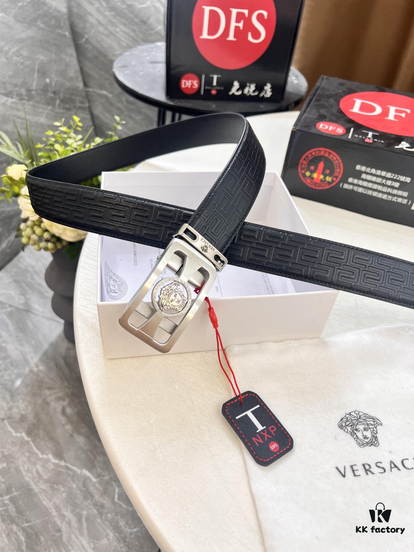 Versace Automatic Buckle Belt, Custom Embossed Top Grain Imported Leather, Fine Calfskin with Small Texture, 3.5 cm Width