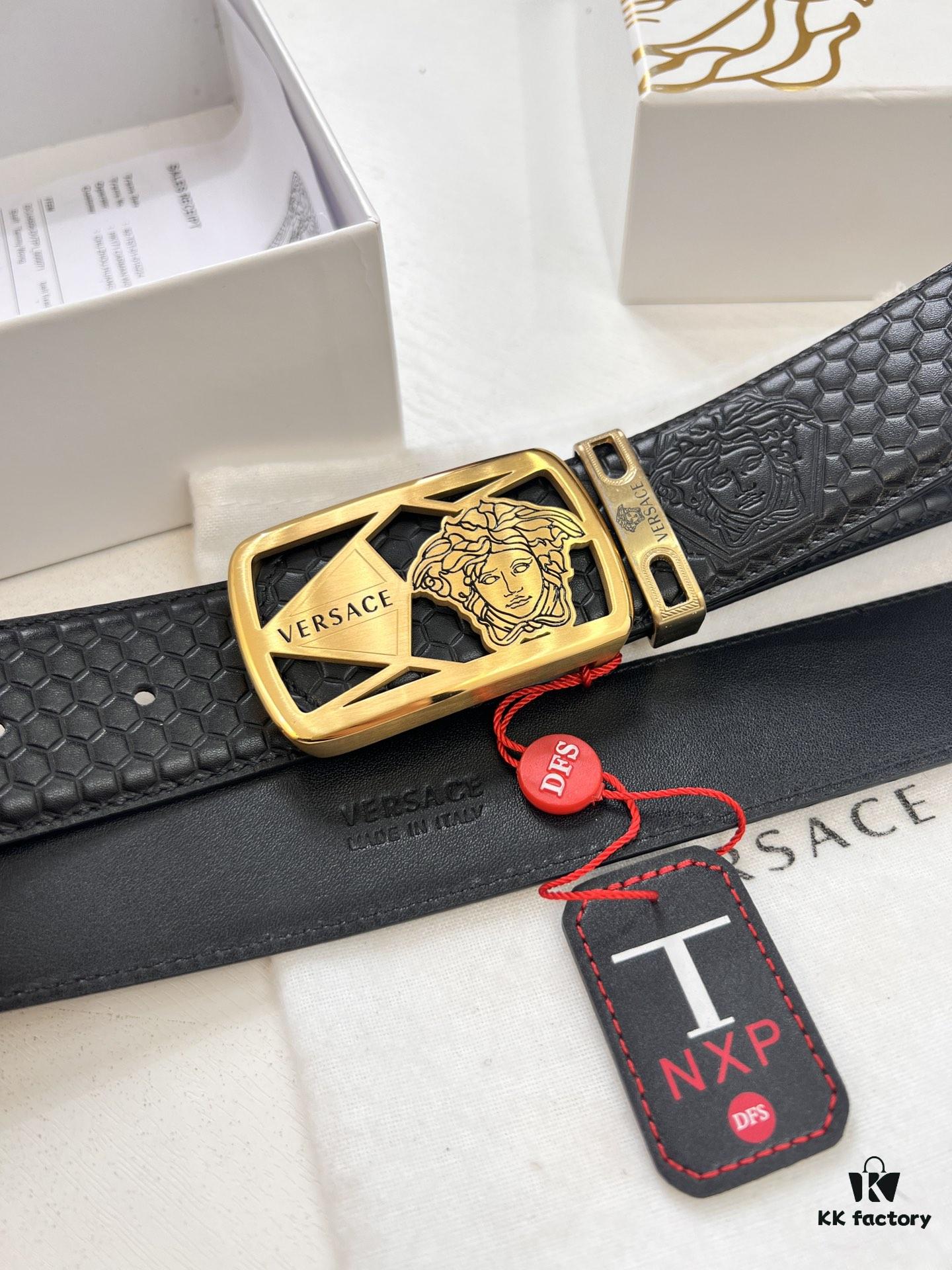 Versace Belt, New Arrival, Top-Quality Genuine Leather with Medusa Head Embossing, Soft Touch Leather, Fashion Streetwear Style, 3.8cm Width, Authentic Medusa Steel Hardware