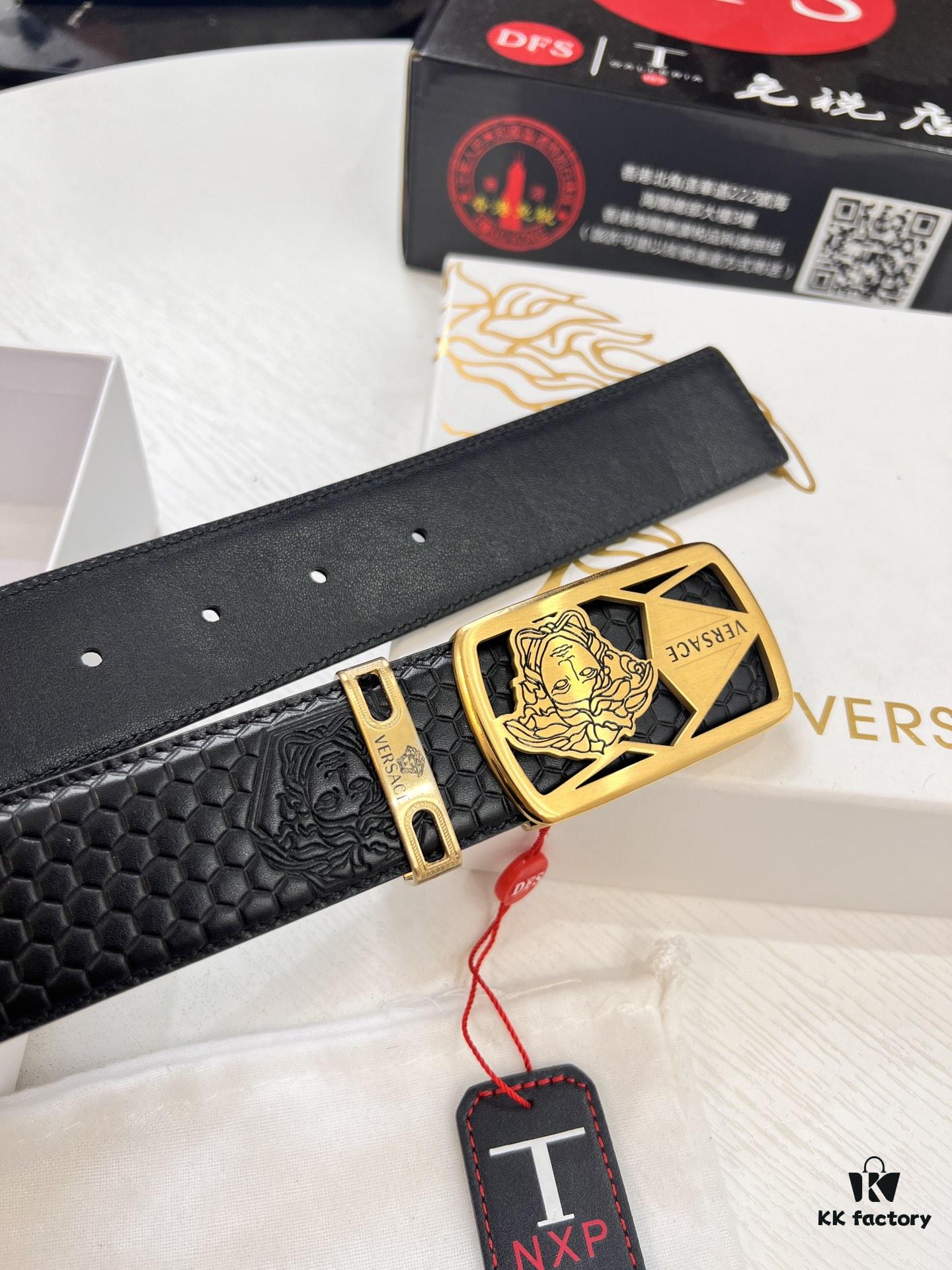 Versace Belt, New Arrival, Top-Quality Genuine Leather with Medusa Head Embossing, Soft Touch Leather, Fashion Streetwear Style, 3.8cm Width, Authentic Medusa Steel Hardware