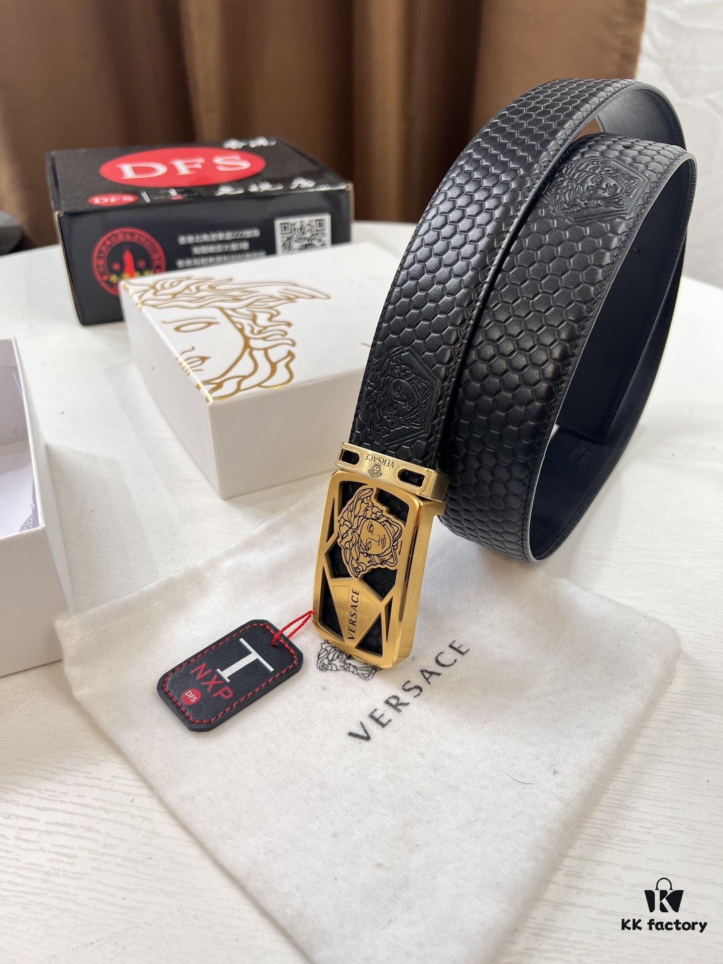 Versace Belt, New Arrival, Top-Quality Genuine Leather with Medusa Head Embossing, Soft Touch Leather, Fashion Streetwear Style, 3.8cm Width, Authentic Medusa Steel Hardware