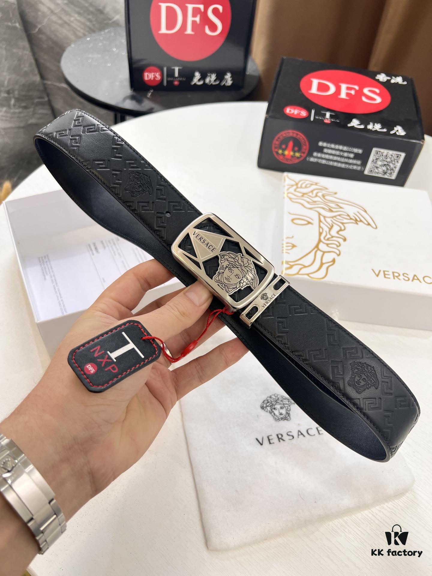 Versace Belt, New Arrival, Top-Quality Genuine Leather with Medusa Head Embossing, Fashionable Streetwear Style, Soft Leather Texture, Precision Stainless Steel Hardware, 3.8cm Width
