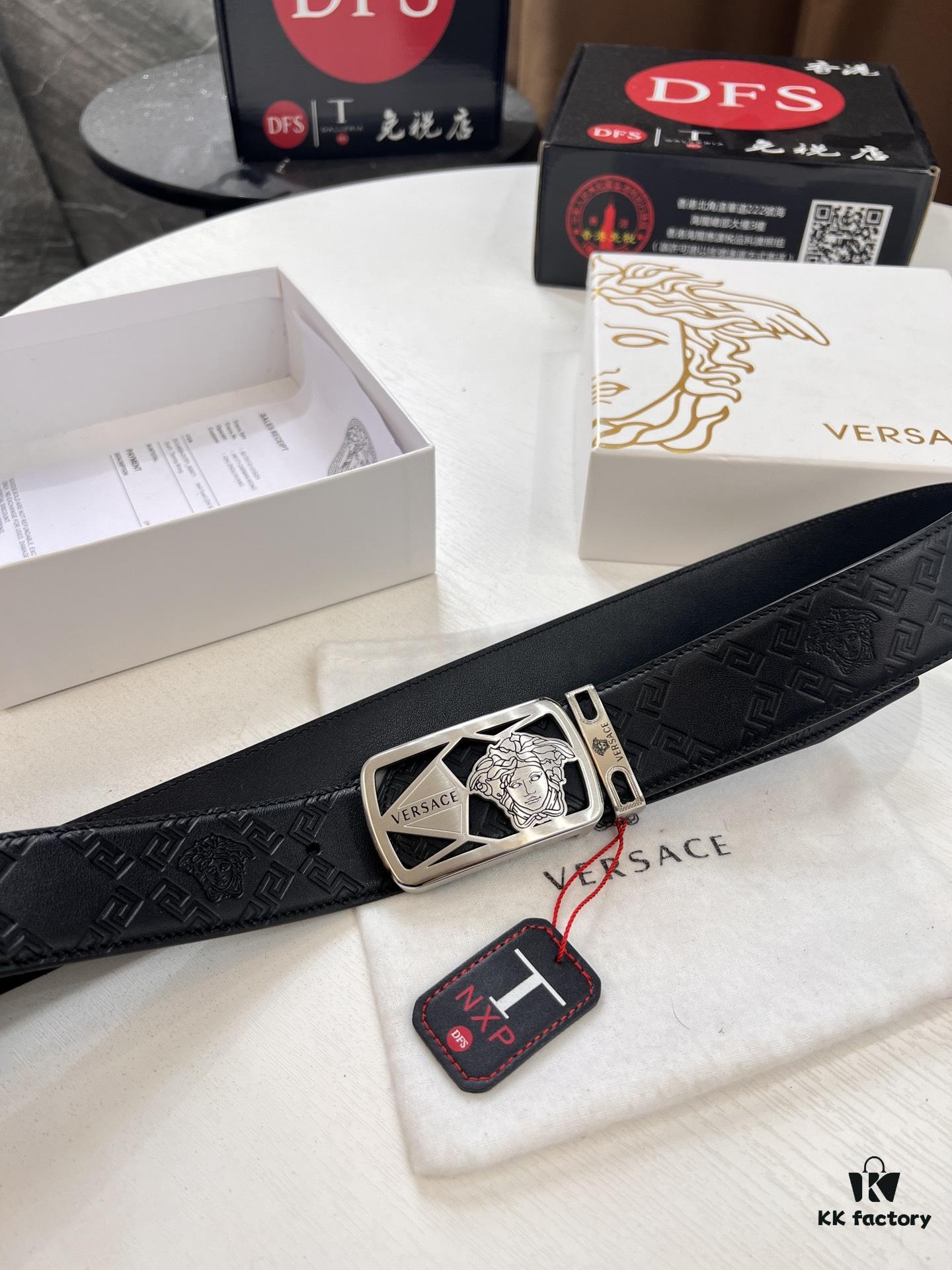 Versace Belt, New Arrival, Top-Quality Genuine Leather with Medusa Head Embossing, Fashionable Streetwear Style, Soft Leather Texture, Precision Stainless Steel Hardware, 3.8cm Width