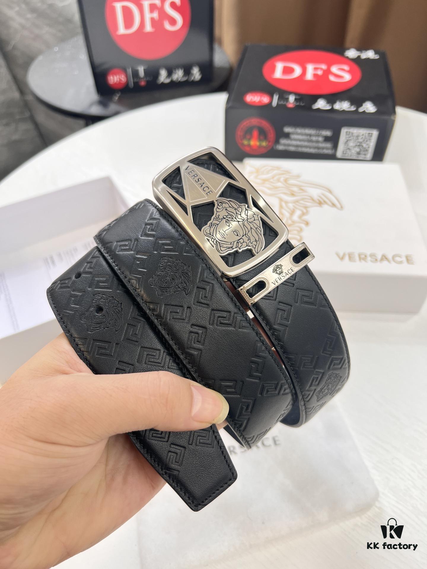 Versace Belt, New Arrival, Top-Quality Genuine Leather with Medusa Head Embossing, Fashionable Streetwear Style, Soft Leather Texture, Precision Stainless Steel Hardware, 3.8cm Width