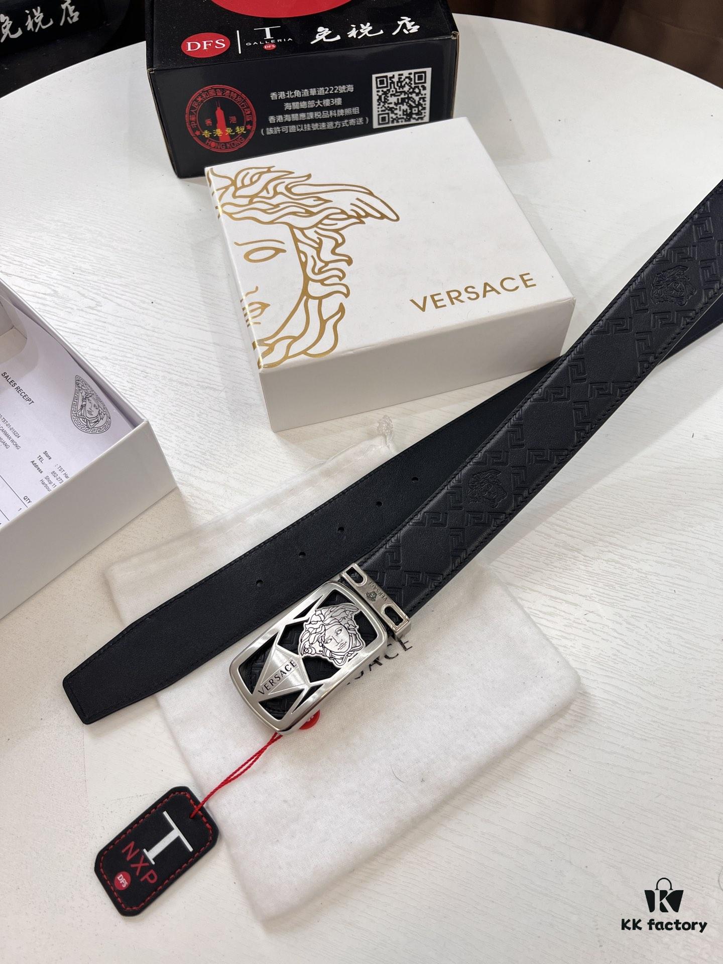 Versace Belt, New Arrival, Top-Quality Genuine Leather with Medusa Head Embossing, Fashionable Streetwear Style, Soft Leather Texture, Precision Stainless Steel Hardware, 3.8cm Width