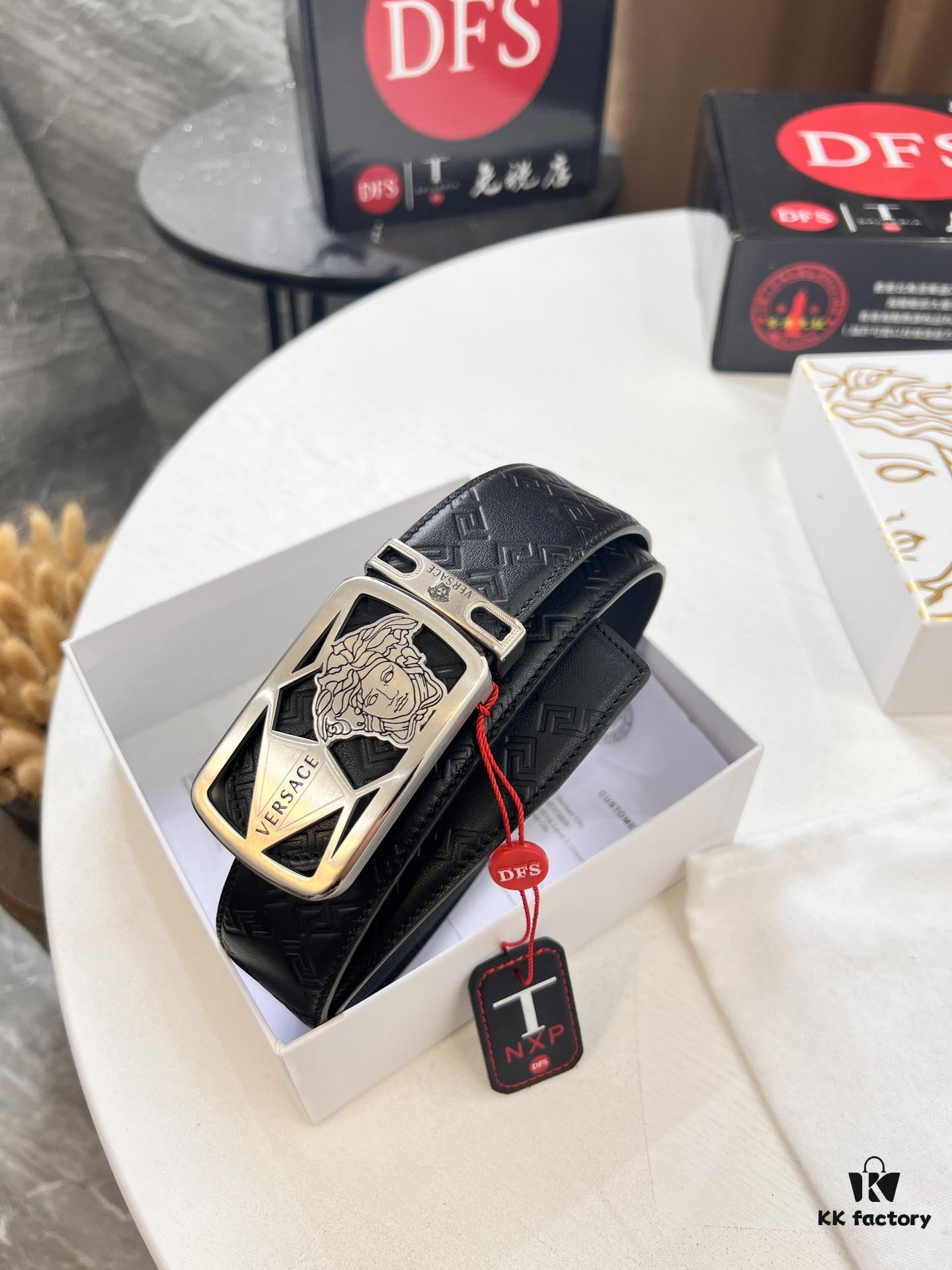 Versace Belt, New Arrival, Top-Quality Genuine Leather with Medusa Head Embossing, Fashionable Streetwear Style, Soft Leather Texture, Precision Stainless Steel Hardware, 3.8cm Width