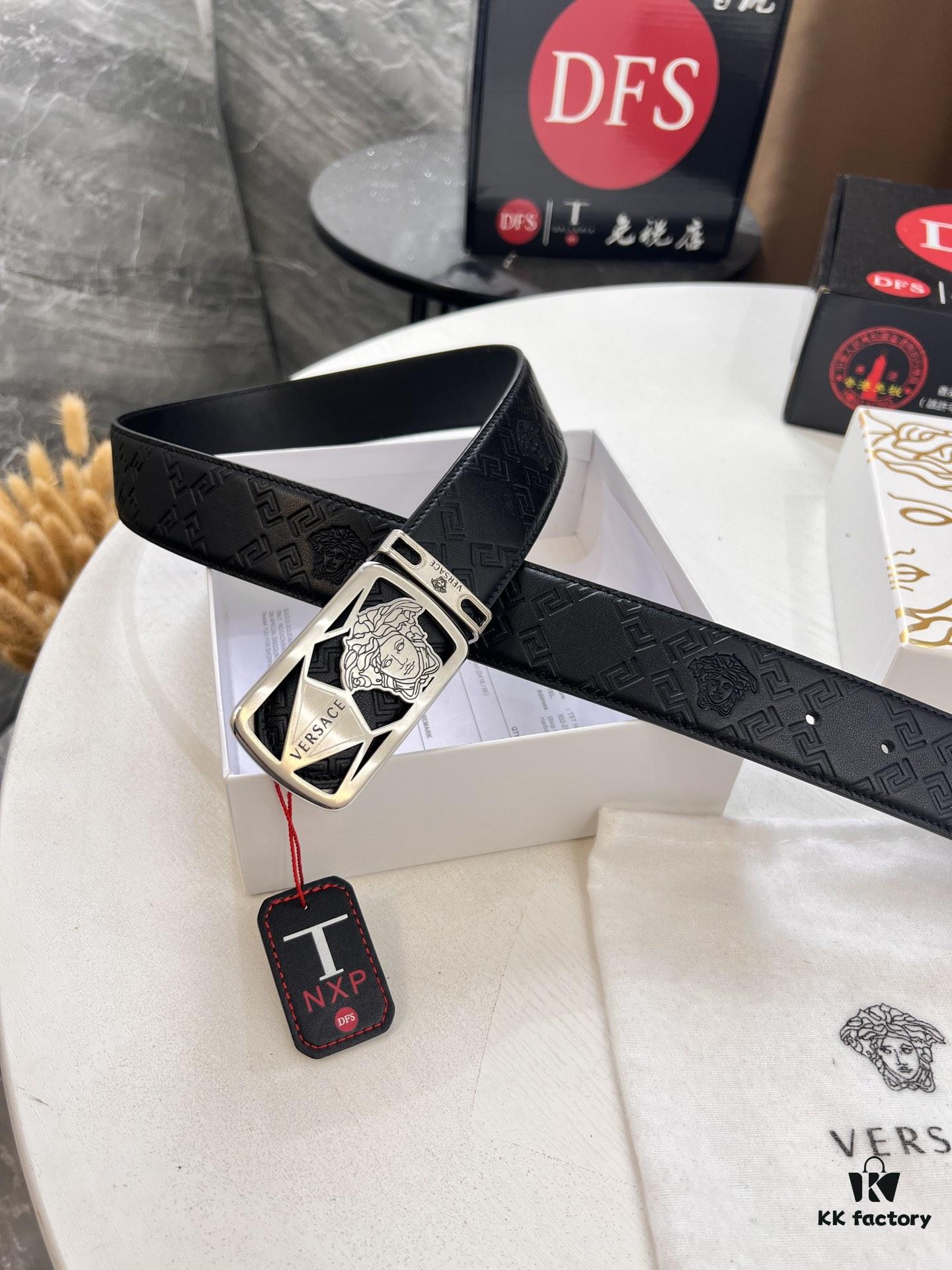 Versace Belt, New Arrival, Top-Quality Genuine Leather with Medusa Head Embossing, Fashionable Streetwear Style, Soft Leather Texture, Precision Stainless Steel Hardware, 3.8cm Width
