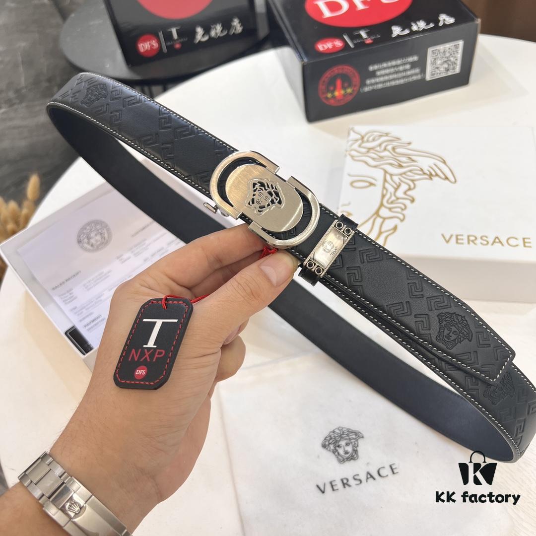 Versace Automatic Buckle Belt, Custom Calfskin with Medusa Embossing, Top-Quality Imported Leather, 3.5 cm Width, Luxury Business Accessory